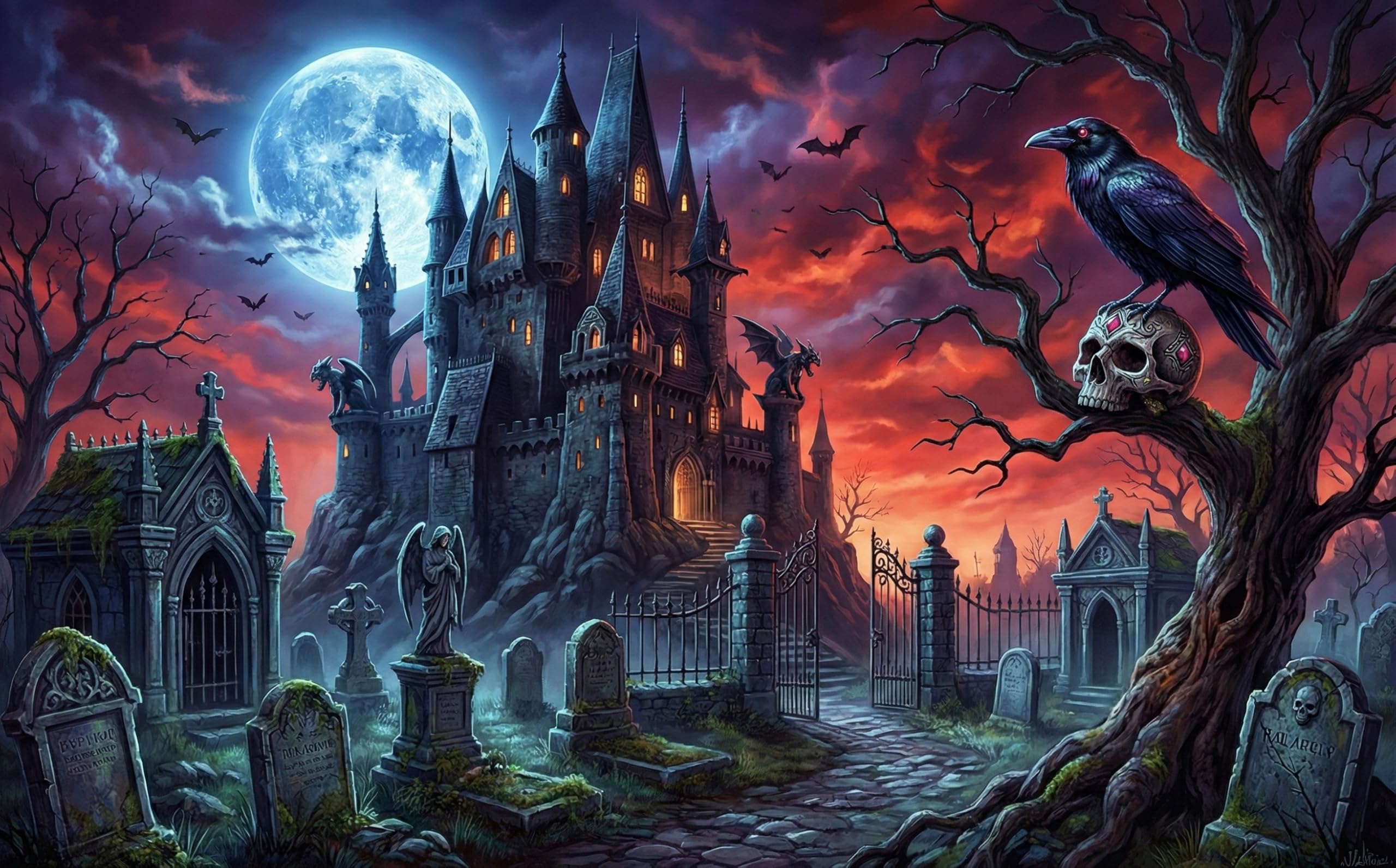 Cemetery Horror Castle 1000 Piece Jigsaw Puzzle,Premium Cardboard,Great Gifts,Educational Toy,Whimsical Challenge,Home Wall Decor,Adults & Kids 14+,Stress Relief 70x50cm
