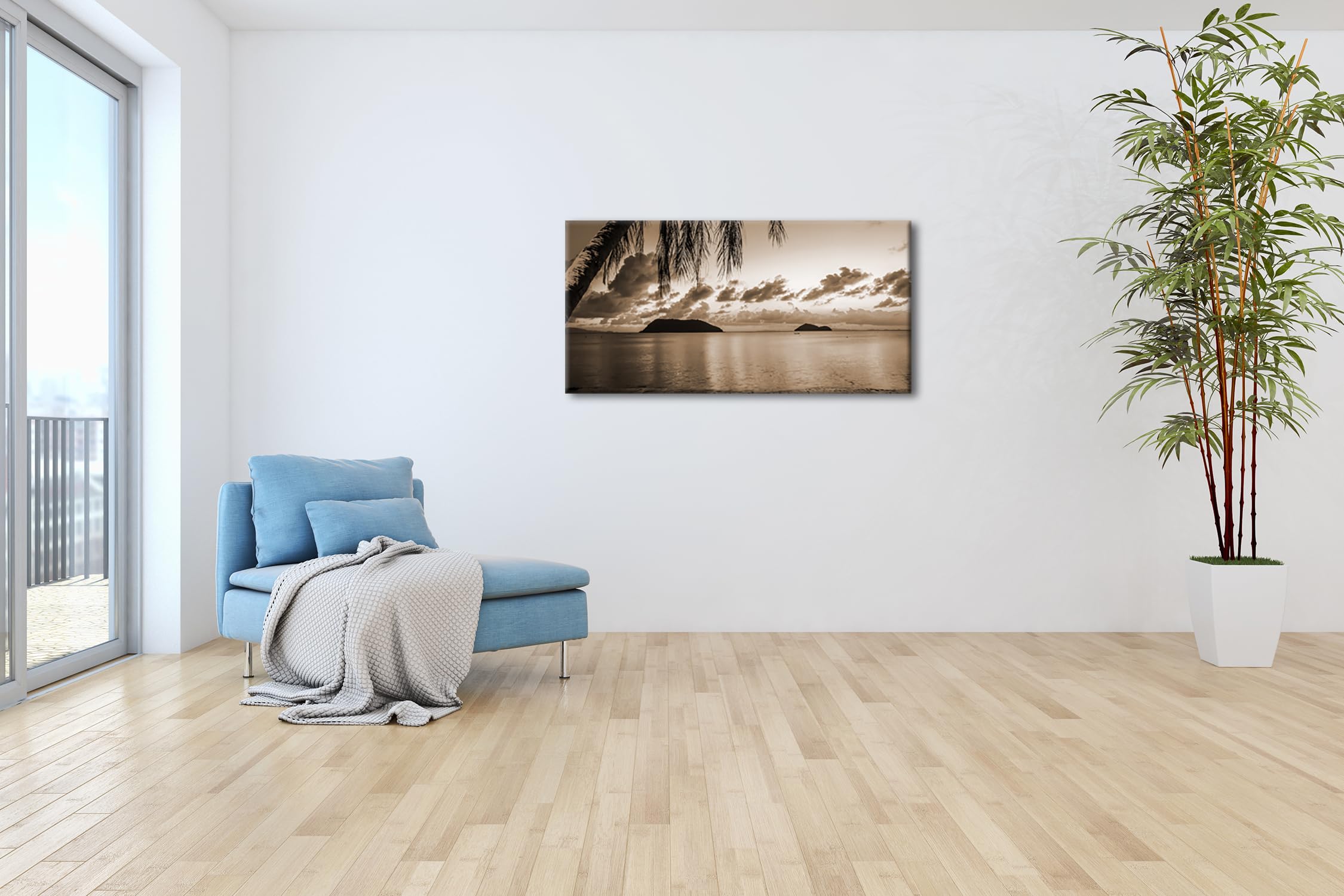 wundervoller Sonnenuntergang am Strand mit Palmen Panorama 100x50 cm Effekt: Sepia als Leinwandbild, Motiv fertig gerahmt auf Echtholzrahmen, Hochwertiger Digitaldruck mit Rahmen