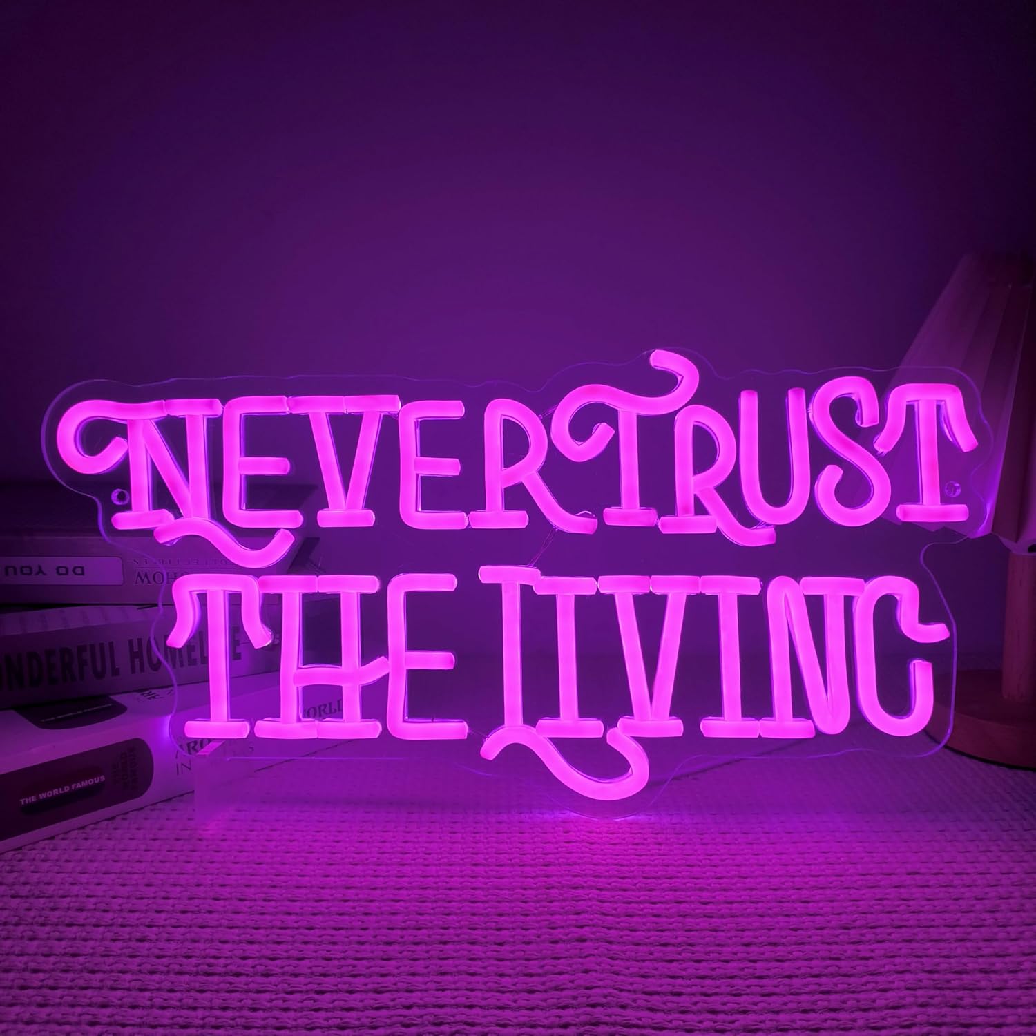 Never Trust The Living Neon Sign Mysterious Purple LED Light for Room Wall Decor Halloween Party Chamber of Secrets Man Cave Room Gothic Letters Neon