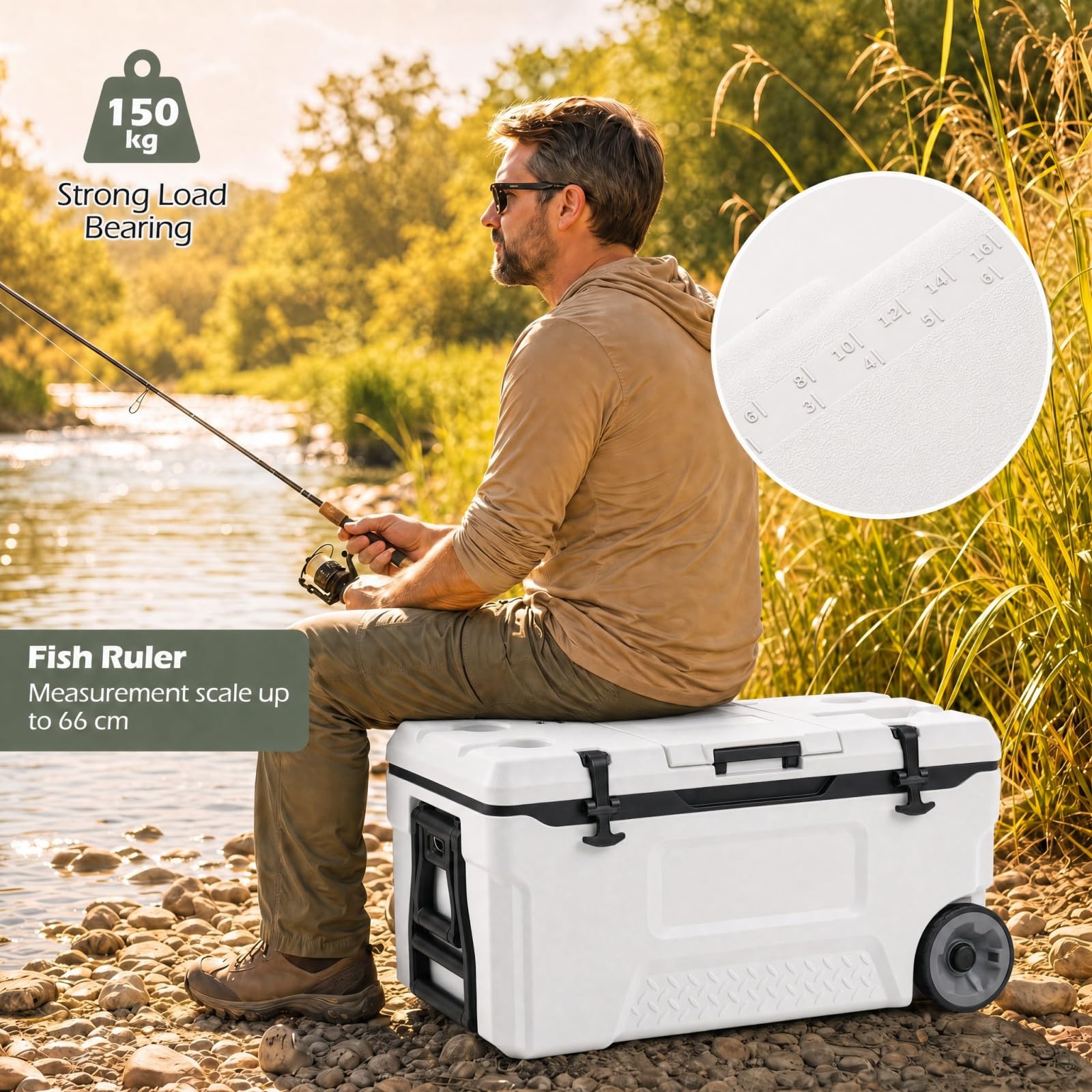 LIFEZEAL Glacière 50/70 L Isotherme, Boîte Réfrigérante Grande Capacité | Maintient Froid 151H et Chaleur 32H, Siège d'Appoint, Porte-Gobelets, Décapsuleur, Règle de Pêche, pour Pique-Nique Camping