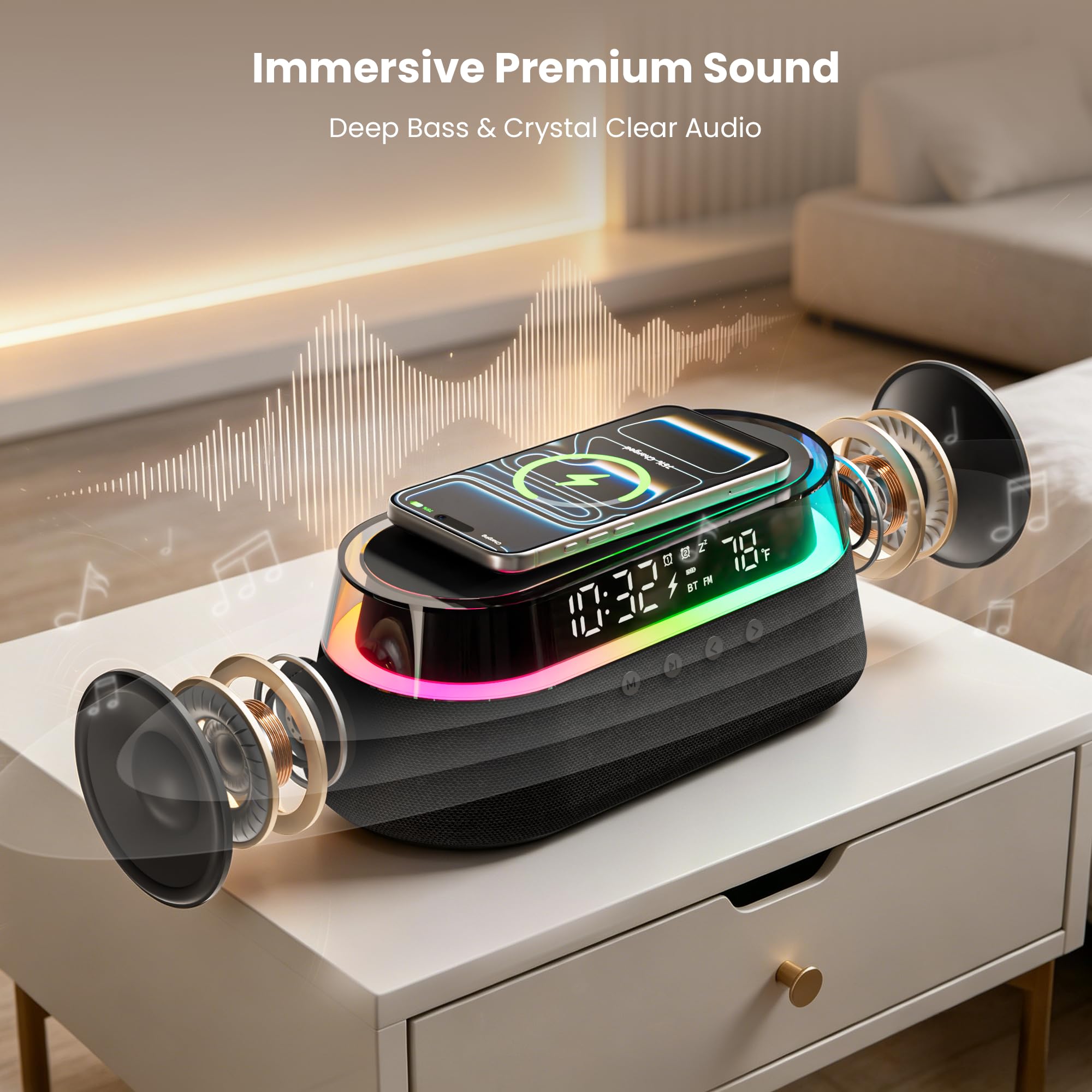 Altoparlante Bluetooth con Sveglia Caricatore Wireless 15W con Telecomando | Doppia Sveglia con Radio, Funzione Snooze e Luce Notturna per la Camera da Letto o l'ufficio Regalo Uomo Donne