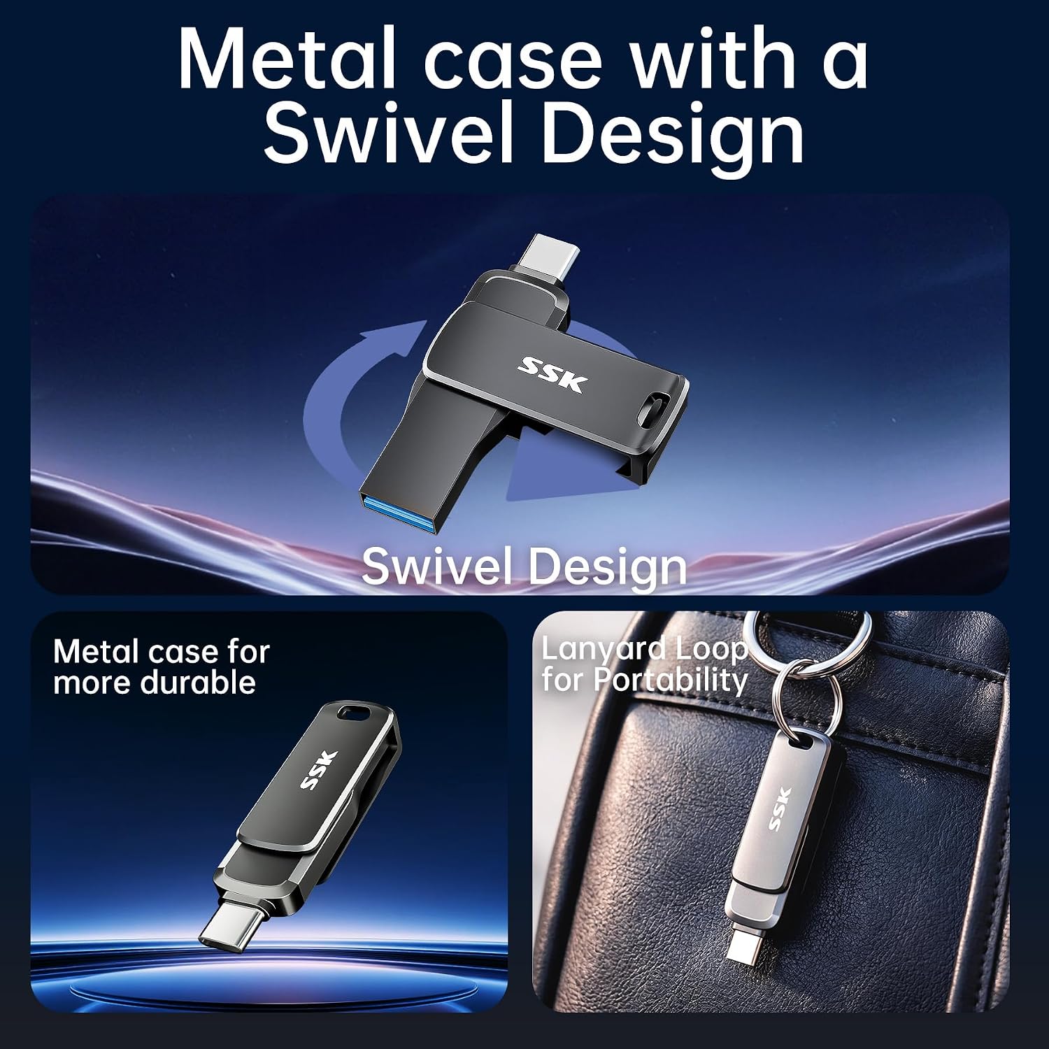 SSK 64GB USB Flash Drive,Up to 450MB/s Read,2 in 1 USB C+A Thumb Drive | USB 3.2 Gen 2 Memory Stick, 1GB in 2.3s, Zinc Alloy Keyhole, for iPhone 15/16/17, Android, Laptop, Car Audio