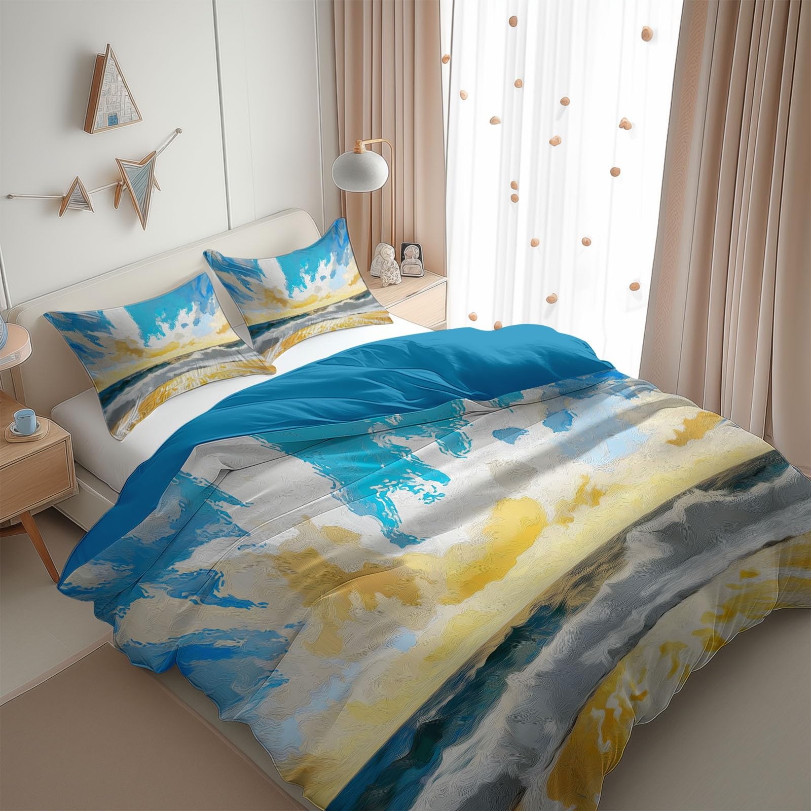 Sky Blue Bedding Sets Abstract Graffiti Seascape Print Duvet Cover Set, Comforter Cover Full Size Soft Breathable Reversible 3-Piece Bedding for Kids Teens