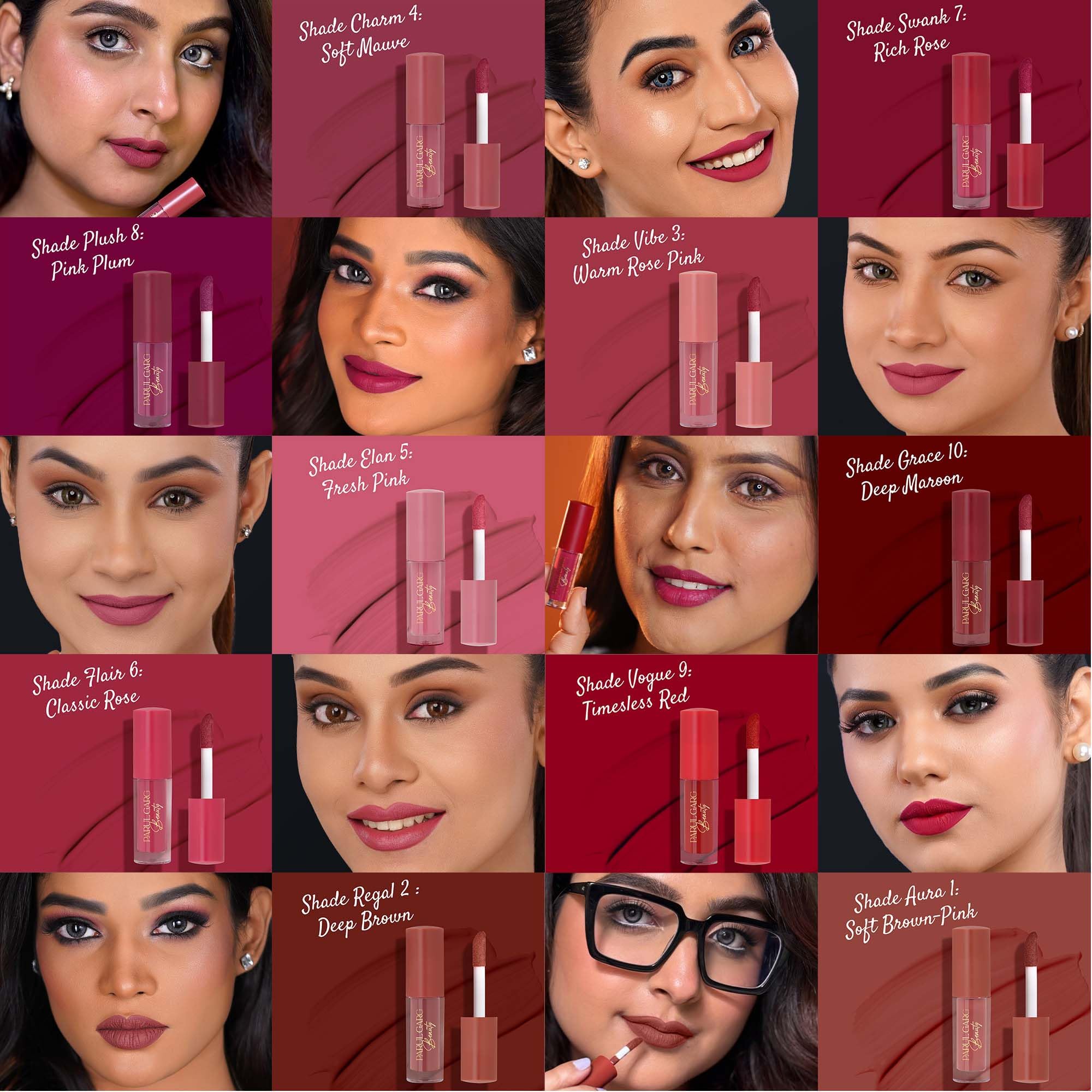 Parul Garg Beauty Ultimate 10-in-1 Mini Silk Matte Liquid Lipstick Set for Indian Skin Tone | Long-Lasting, Transfer-Proof | Perfect for Gifting & Special Occasions | Pack of 10, Multicolor 3
