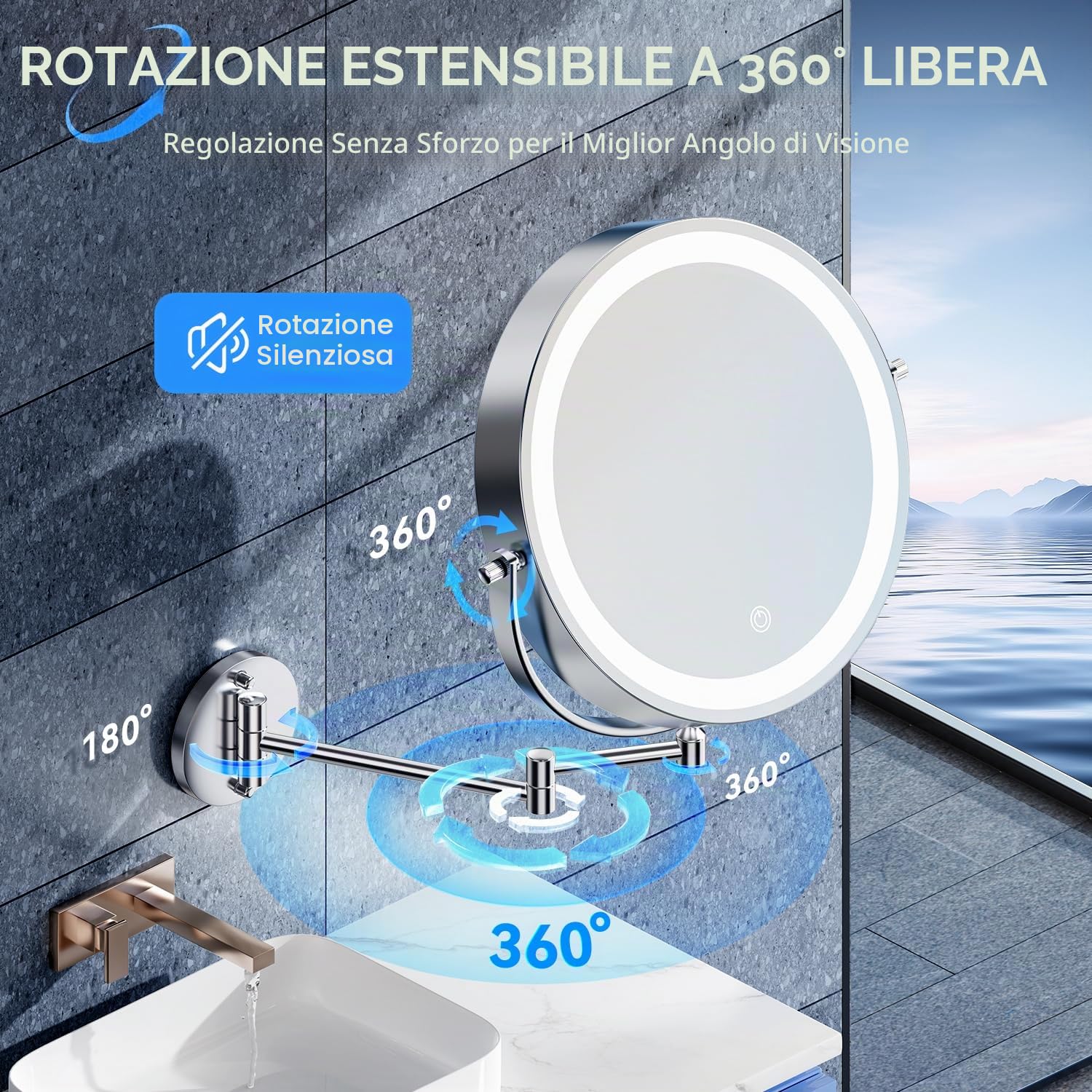 Auxmir 25cm Specchio Trucco con Luci Ingranditore 30X/1X da Parete, Argento | Estensibile, Rotazione a 360°, 54 LED, 3 Colori, Luminosità Regolabile, 5000mAh Batteria, Ricaricabile, per Bagno Hotel Spa