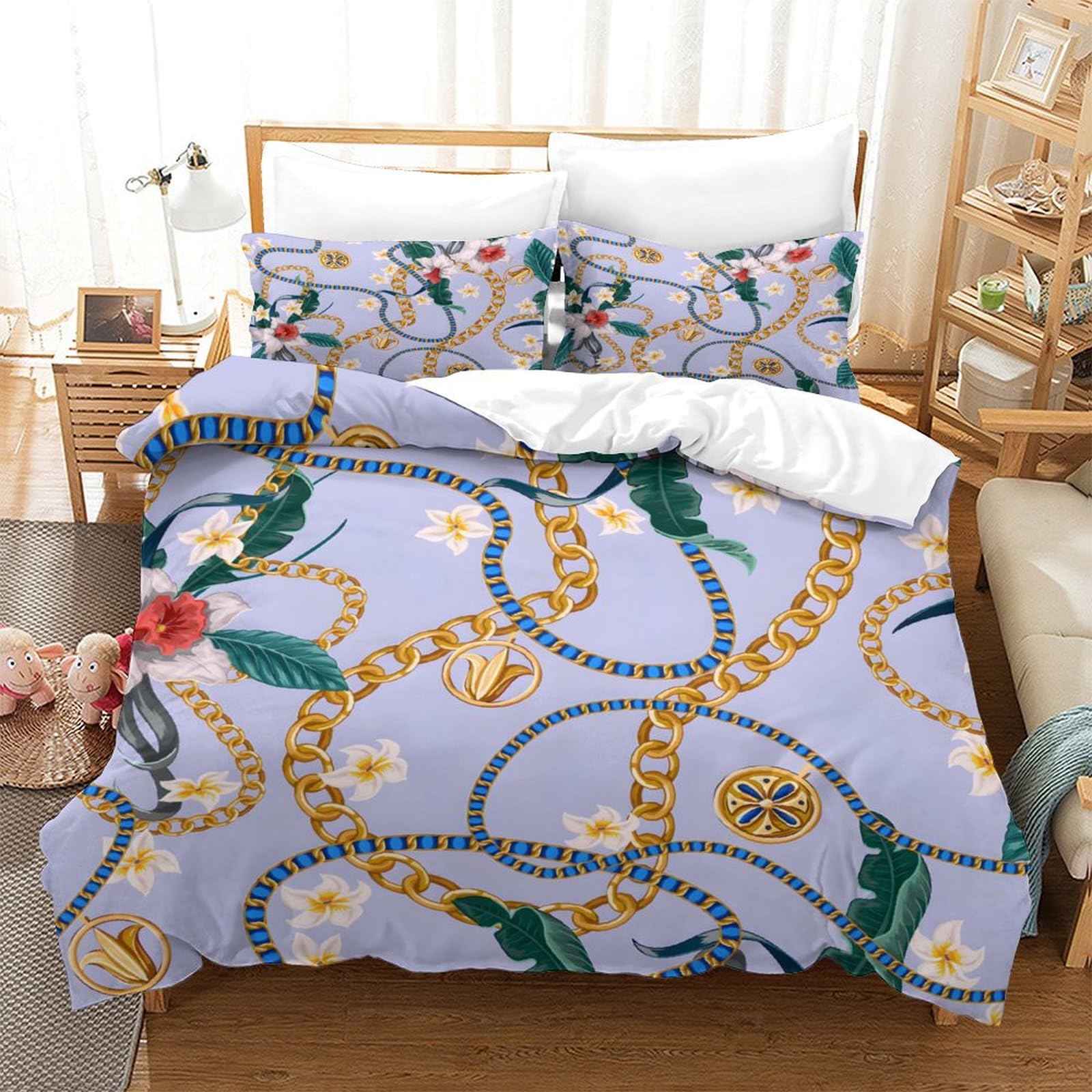 GDEKCIEAS Belts,Chains And Tropical Leaves Teens Bedding Set,3Pcs Ultra Soft Duvet Cover with Zipper Closure,Comforter And Quilt Cover for Boys And Girls Single（140x200cm）