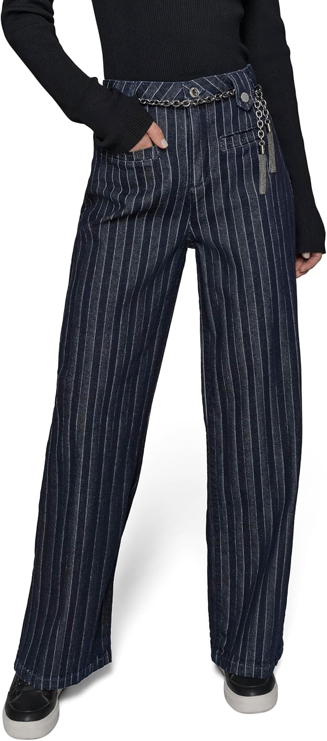 Karl Lagerfeld Womens Wide Leg with Chain Belt Stripe Denim