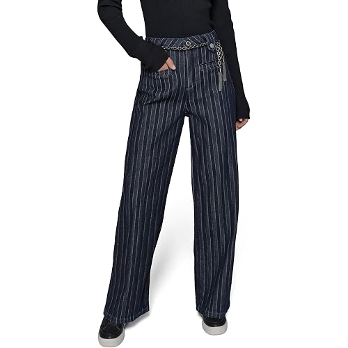 Karl Lagerfeld Women's Wide Leg with Chain Belt Stripe Denim