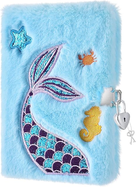 Plush Mermaid Notebook - A5 Mermaid Diary Glitter Journal for Girls School Office Travel Hardcover Notebooks Kids Writing and Drawing Embroidery Notepad with Locks and Keys