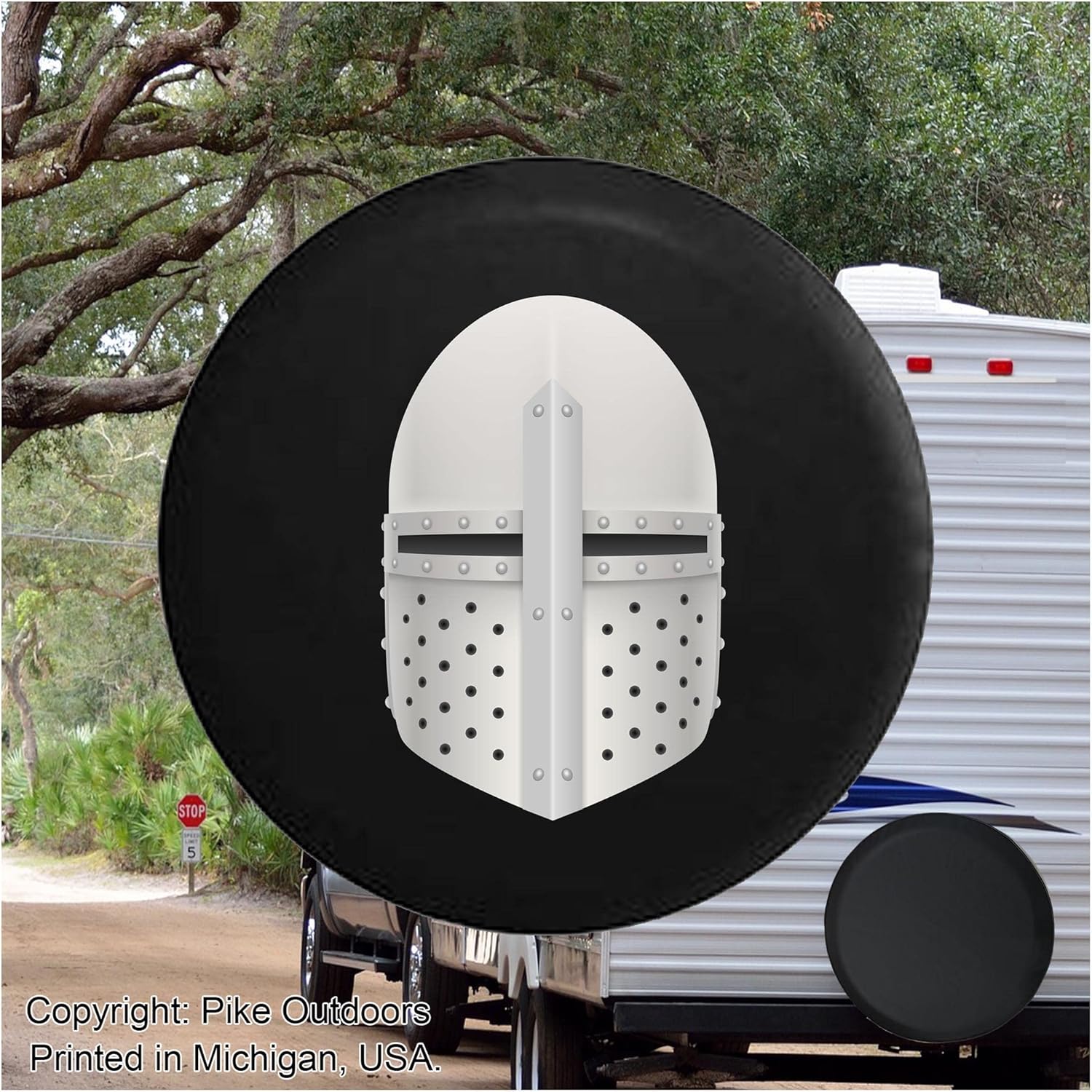RV Spare Tire Cover - Tire Accessories for Campers, SUVs, Trailers, Trucks, RVs and More | Medieval Middle Ages Knight Helmet Face Shield Black 26 Inch