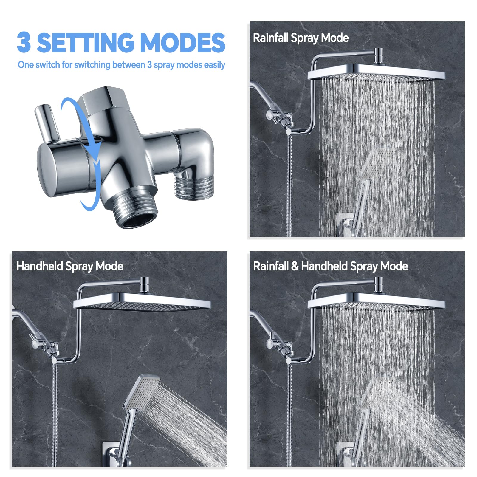 Polished Chrome 13 Inch Shower Head Combo - High Pressure Waterfall Rain Shower Head With Handheld Spray, 12 Inch Extension Arm