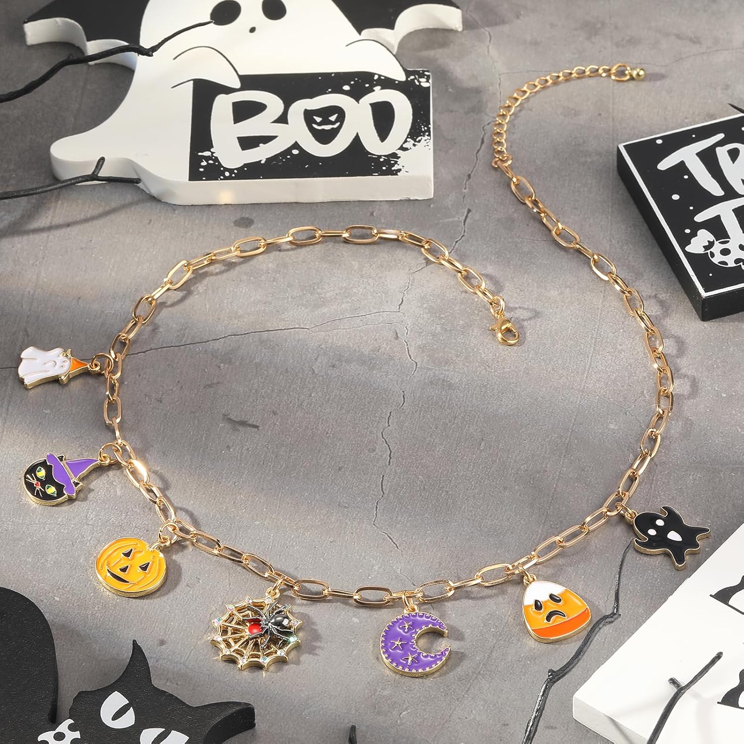 Halloween Charm Necklace for Women, Ghost Witch Hat Black Cat Pumpkin Spider Web Moon Candy Charms Chokers Necklace, Party Long Paper Clip Chain Necklaces Halloween Costume Party Jewelry Set Gifts - Image 6