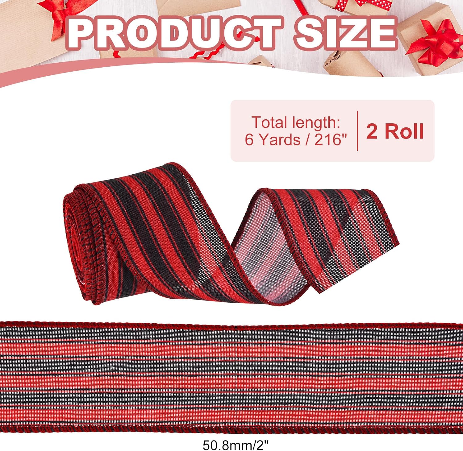 PATIKIL 12 Yards x 2" Striped Ribbon, Red and Black Wired Gift Wrapping Linen Ribbon Satin for Christmas Craft Birthday Wedding Festival Wreath image 2