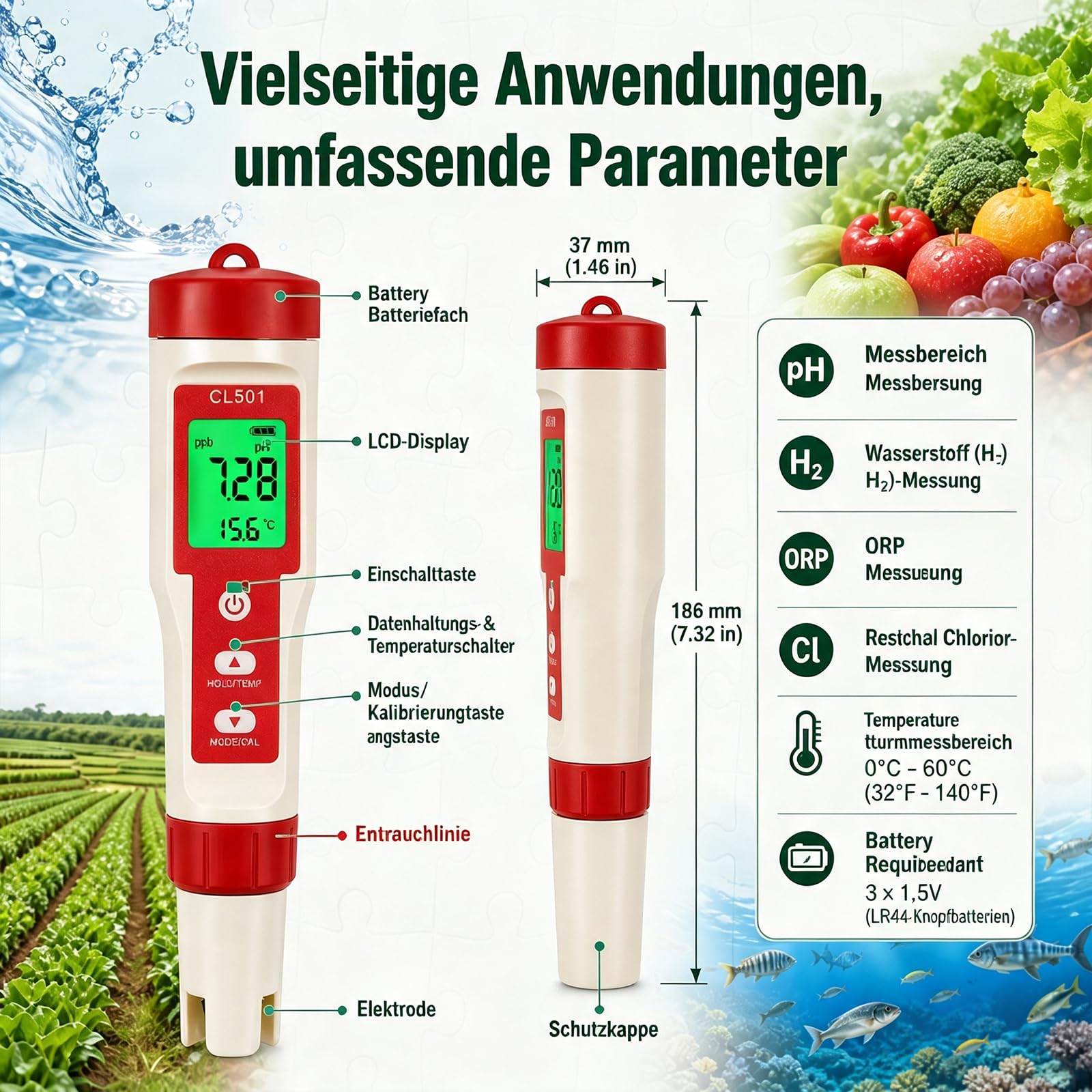 ph und chlor messgerät pool, pH Messgerät Wasser, chlortester pool digital 5 in 1, pH Chlor ORP H2 Temperatur messbar, water tester für Pools Hydrokultur Aquarien Trinkwasser
