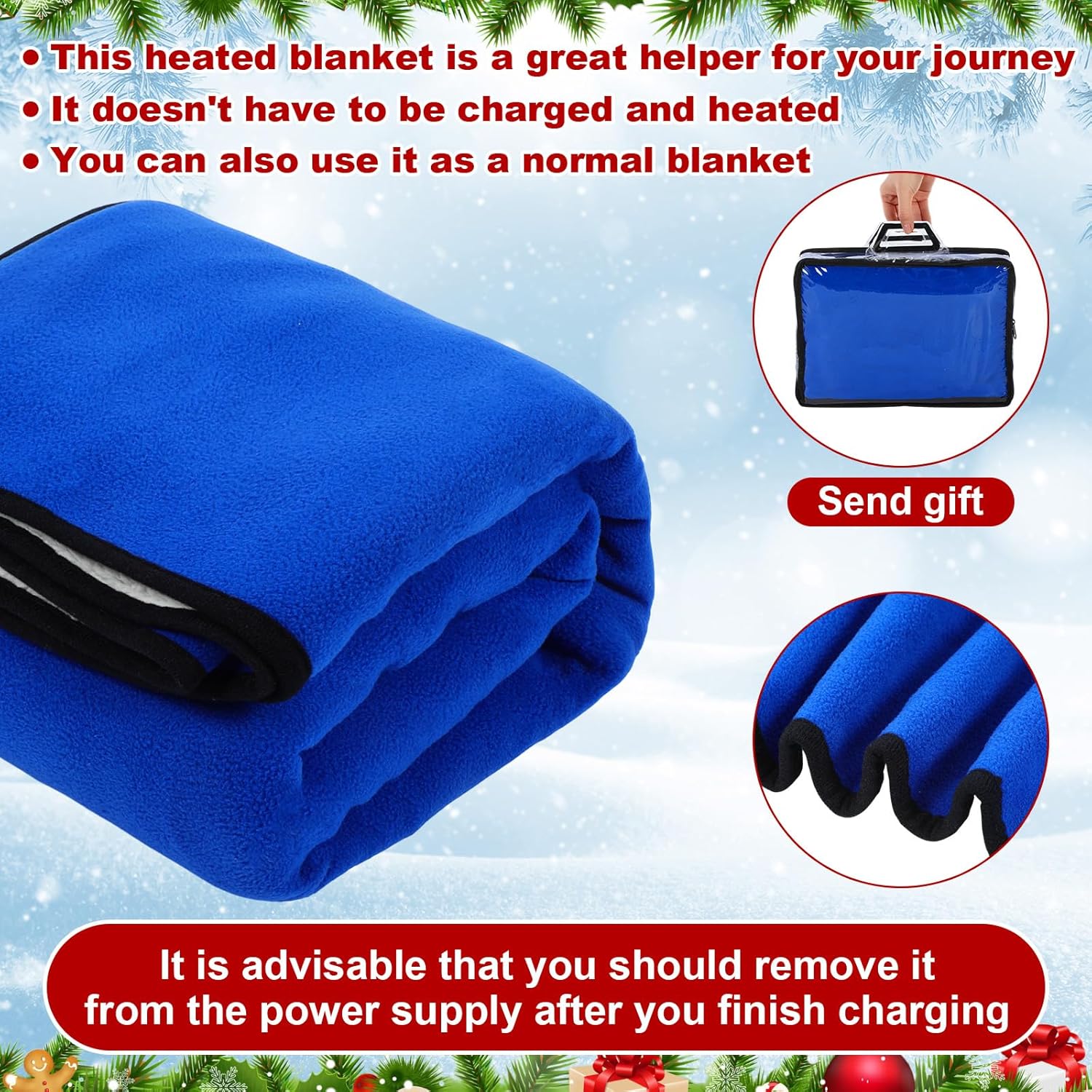 Riakrum 12v Heated Car Blanket 58" x 43", 3 Heating Level Electric Heated Blanket Portable Throw with Temperature Controller Cigarette Lighter Socket for Truck Winter(Blue,Solid) - Image 5