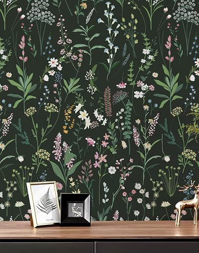 JiffDiff Dark Green Botanical Floral Peel and Stick Wallpaper, 17.3" x 118" | Waterproof Removable Self Adhesive Wallpaper, Dark Farm Wildflower Stick on Wallpaper for Home Bedroom Contact Paper,14.4 sq.