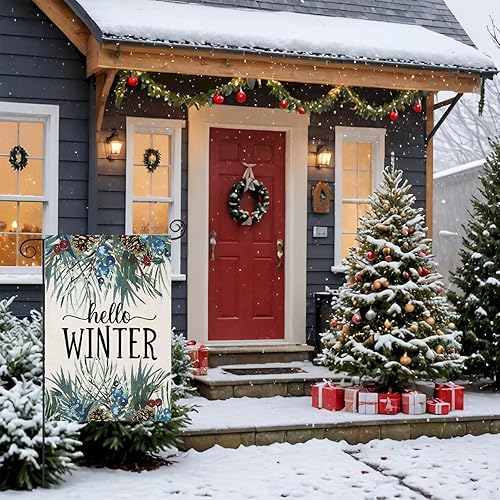 Miniatura 2 de EKOREST Banderas verticales de jardín de 12 x 18 pulgadas con texto en inglés Hello Winter de doble cara, ramitas de pino para exteriores,