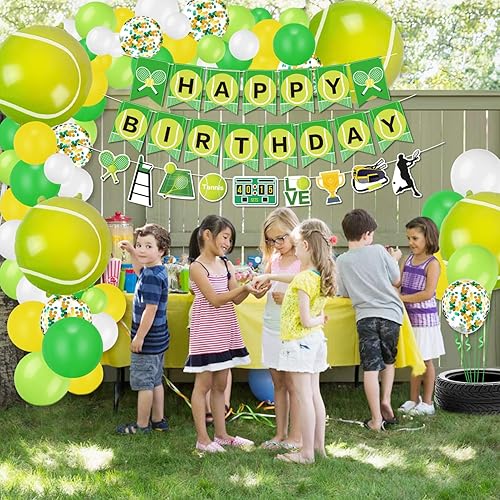 Miniatura 5 de Decoraciones de fiesta de tenis, incluye pancarta de tenis de feliz cumpleaños, globos de tenis, adornos para cupcakes para hombres, mujeres, niños,