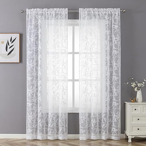 Miniatura 2 de OVZME Cortinas Transparentes Blancas de 96 Pulgadas de Largo, Juego de 2 Paneles para Sala de Estar y Dormitorio, Cortina Semi Transparente Anji