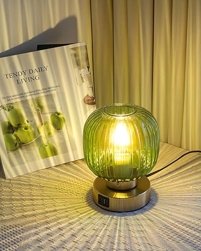 Miniatura 2 de Lámpara de mesa pequeña táctil, elegante lámpara de noche de cristal verde, regulable de 3 vías con puertos de carga USB C+A, mesita de noche para
