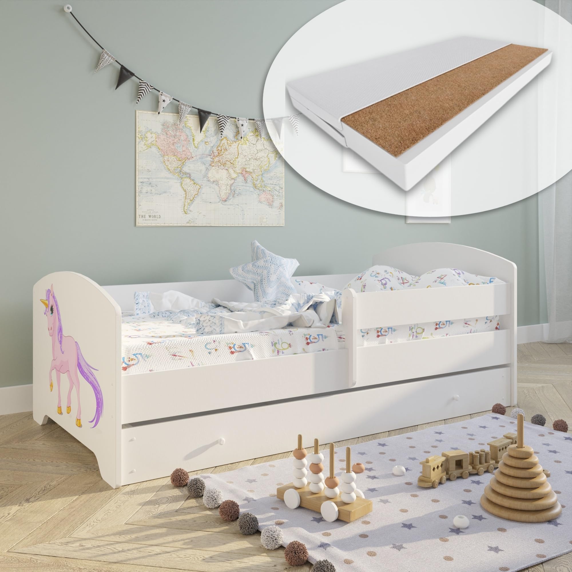 Kids Collective Kinderbett 70x140 / 80x160 Komplett Set inkl. Matratze, Lattenrost, Schublade & Rausfallschutz | Einzelbett für Kinder von 2 – 10 Jahren | 80x160 cm | weiß mit Einhorn Motiv