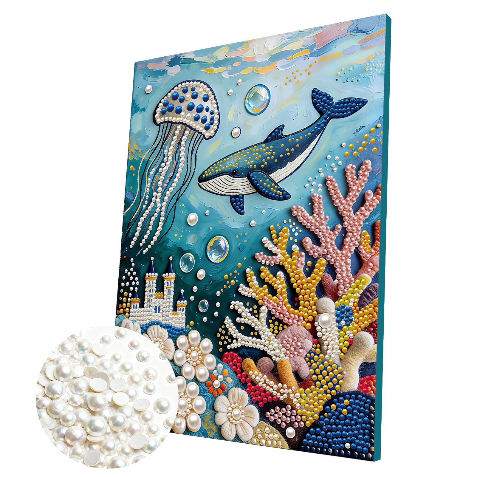DIY Pearl Painting Kit with Wooden Frame, 3D Plastic Pearl Gemstone Ocean Art Craft for Adults Beginners, Diamond Dot Painting, Home Wall Decor Ready Gift for Women(Ocean Sharks)(30 * 40cm)