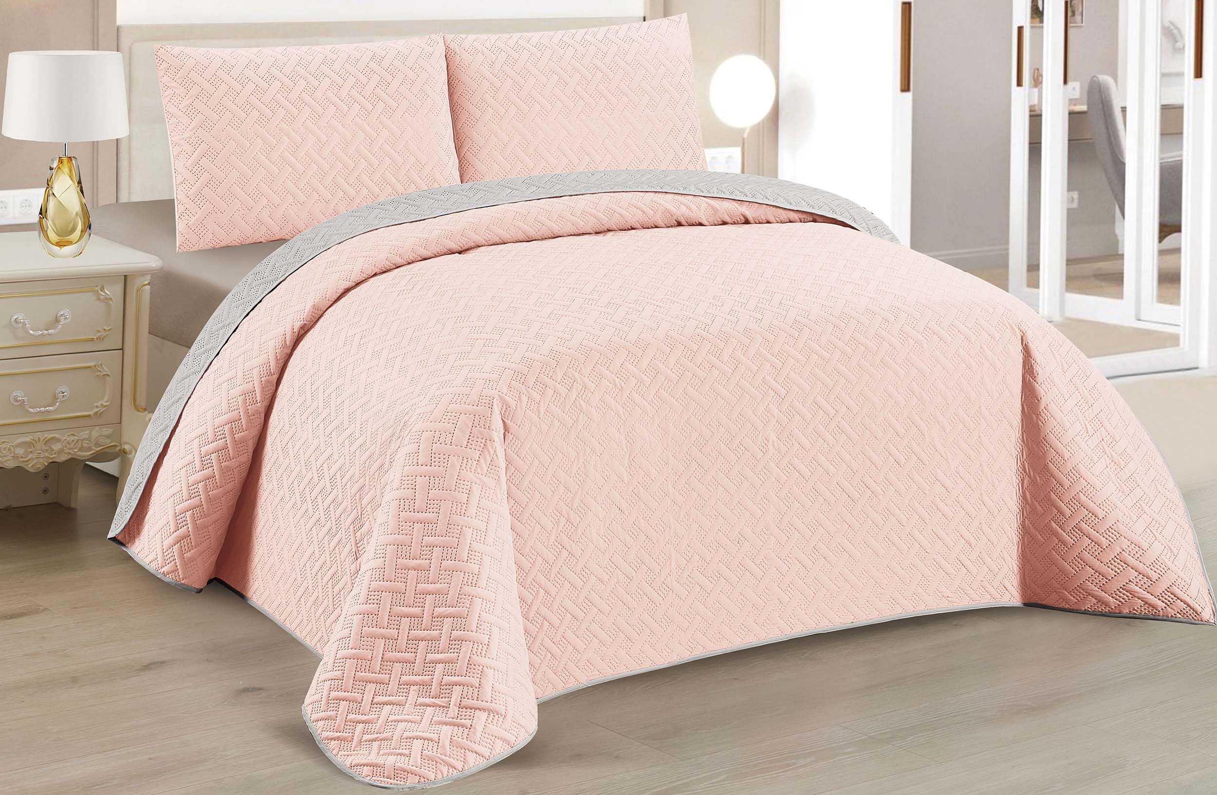 BESCH Boutis Bedspread for Spring and Summer with Braided Relief in Pale Pink + 1 Cushion Cover 50 x 70 cm – Lightweight Thin Transition Bedspread Extra Soft and Breathable (90 Bed, 180 x 260 cm)
