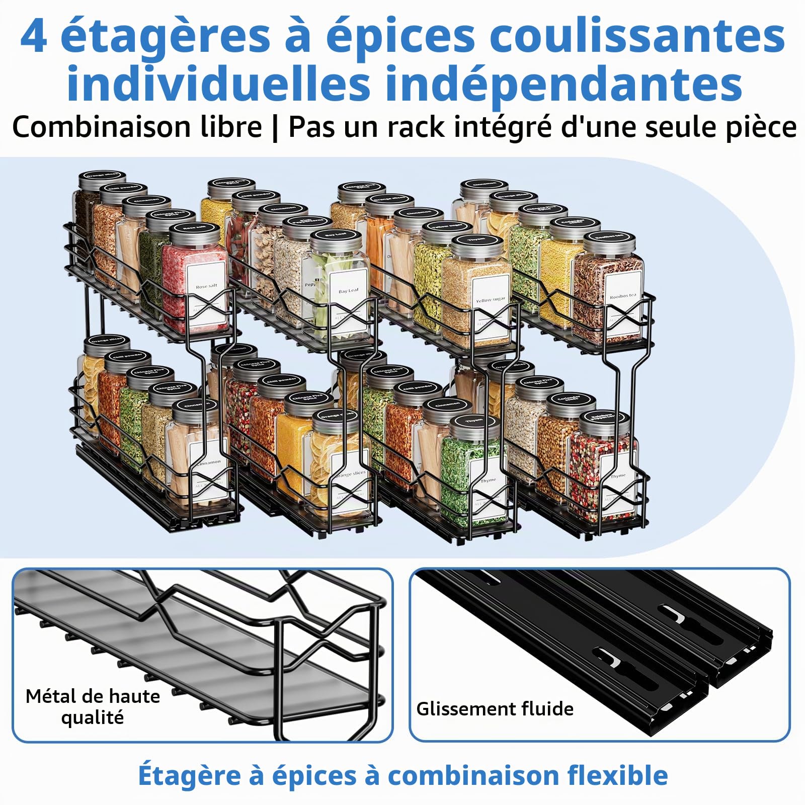 Étagère Coulissante à 2 Niveaux pour Épices, Lot de 4