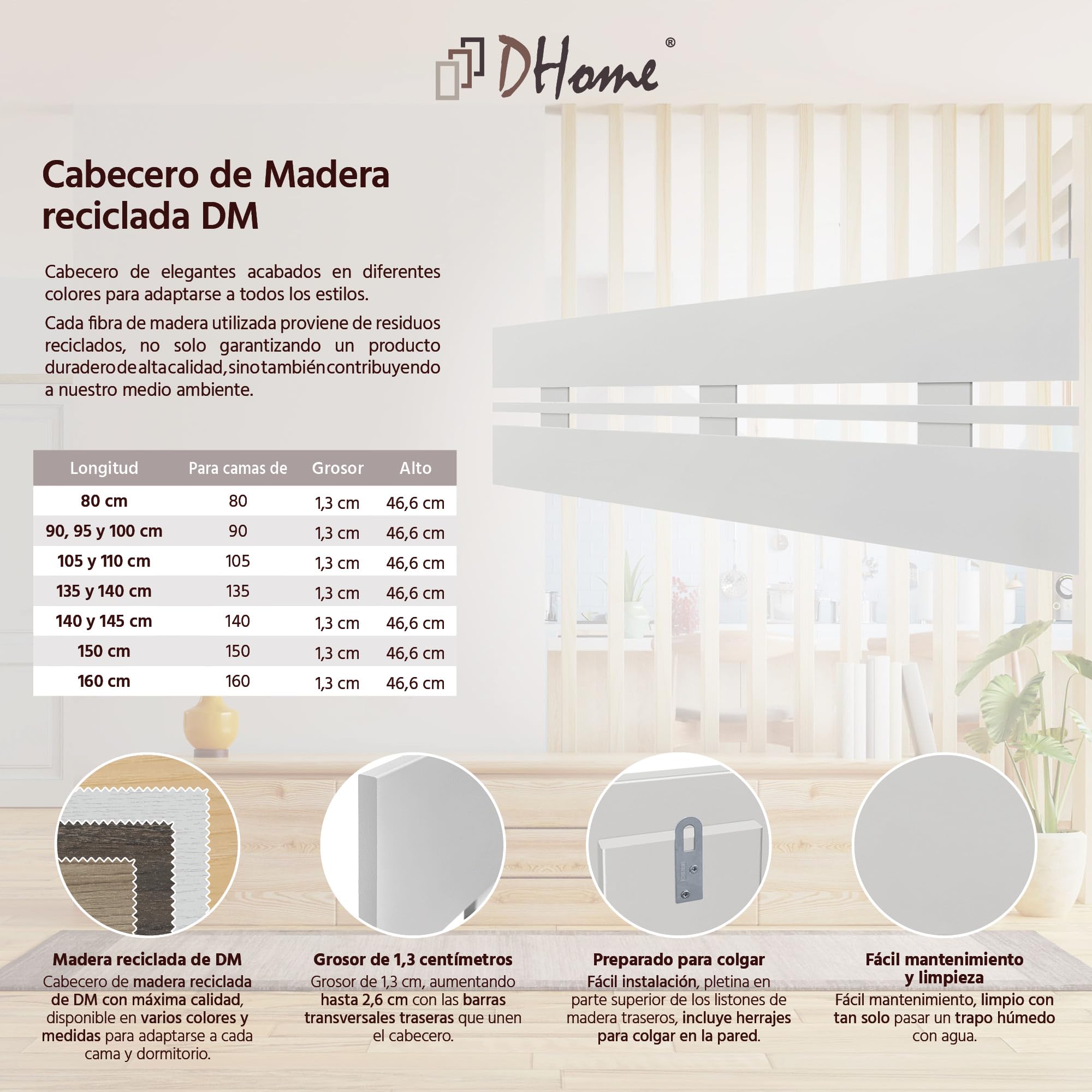DHOME Tête de Lit en Bois MDF Recyclé Style Horizontal Large pour Lit Type Palette Quincaillerie Incluse (160x46 Horizontal Large, Blanc)