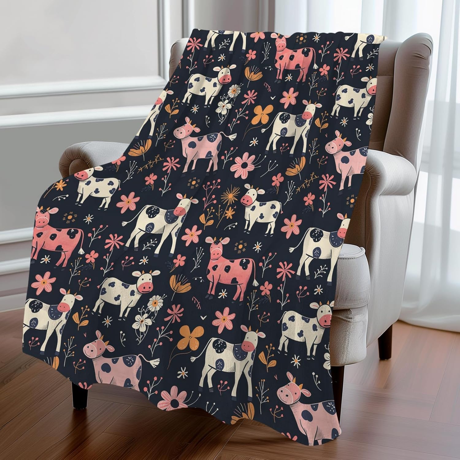 KOYI Cow Blanket, Funny Milk Cow with Floral Flowers Throw Blanket, 60"x50"