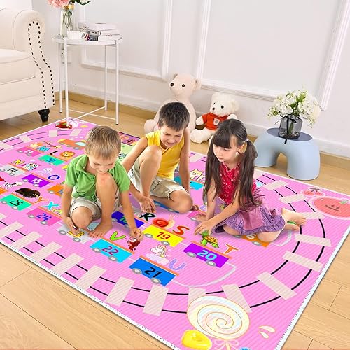 Miniatura 4 de Alfombra de juego ABC rosa para niños, alfombra del alfabeto para niña con números de tren de animales y formas de carretera, alfombra educativa