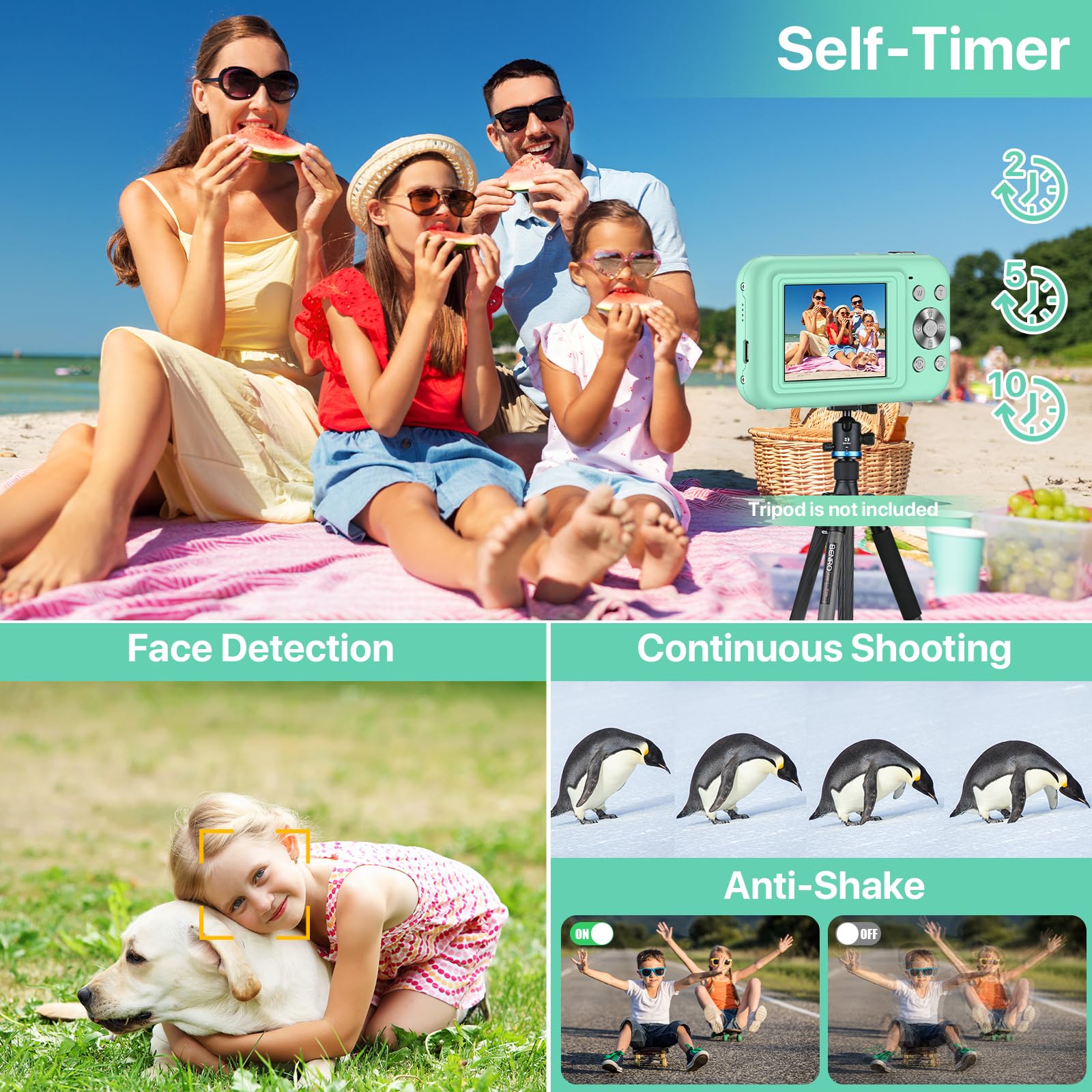 Appareil Photo Numérique Enfant 44MP 1080P Avec Carte 32Go - Zoom 16X, 2 Batteries, Cadeau Vert