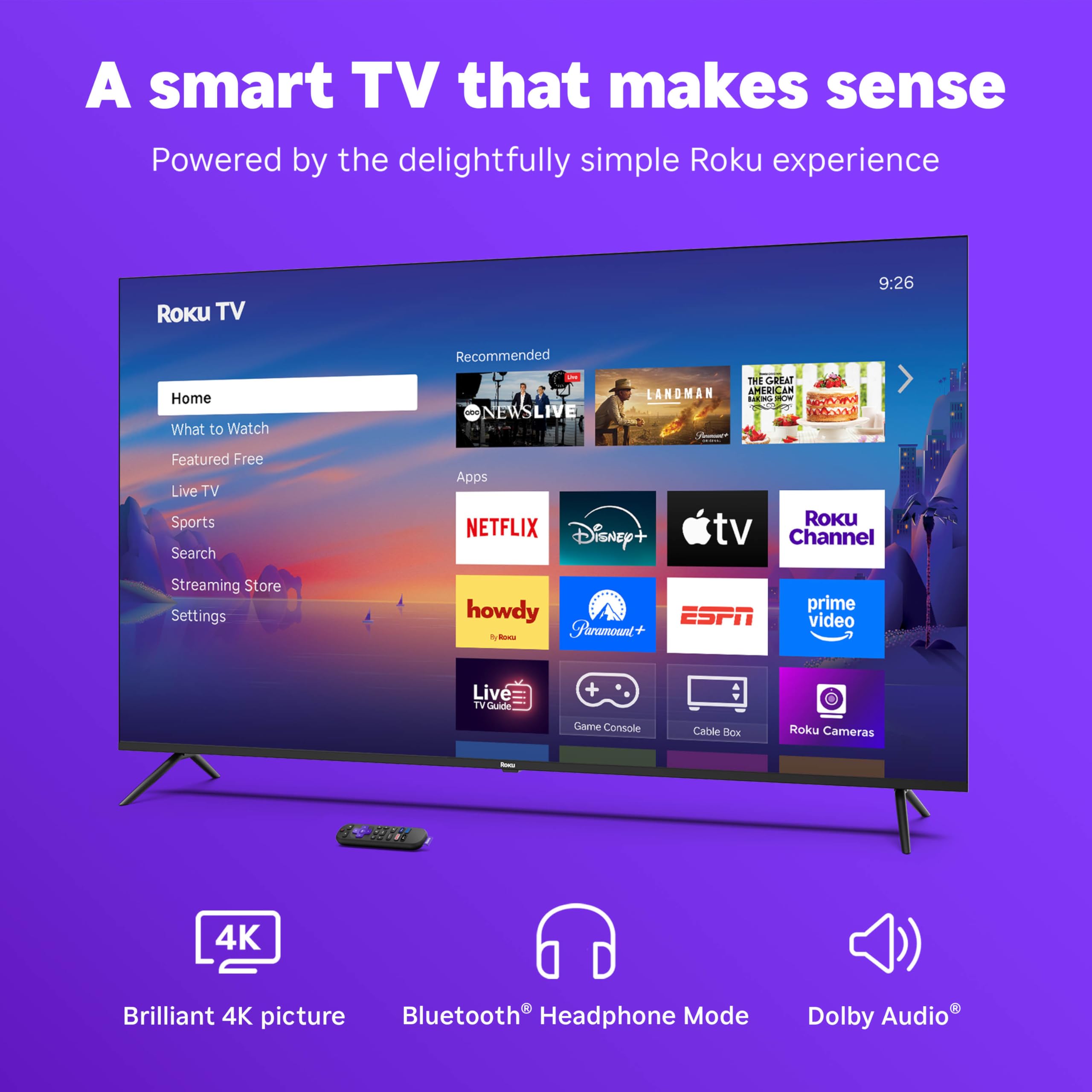 Roku Smart TV 2025 – 65-Inch Select Series, 4K HDR TV – RokuTV with Enhanced Voice Remote – Flat Screen LED Television with Wi-Fi for Streaming Live Local News, Sports, Family Entertainment