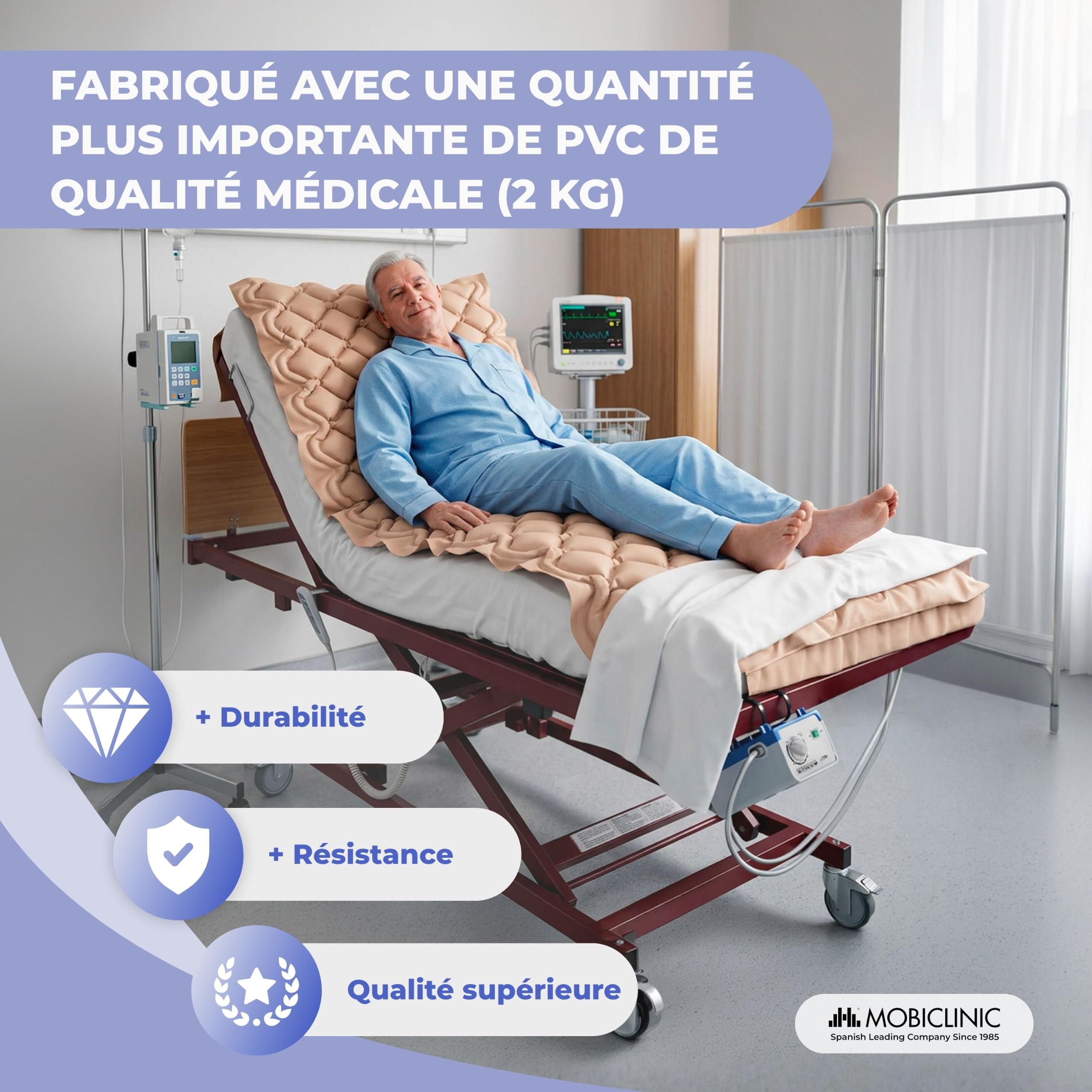 Mobiclinic® Matelas Anti-escarres à air alterné, Moteur Silencieux, Mobi 1, Télécommande, 200 x 90 x 7 cm, Kit de réparation, Convient aux Lits articulés, 130 cellules, Beige