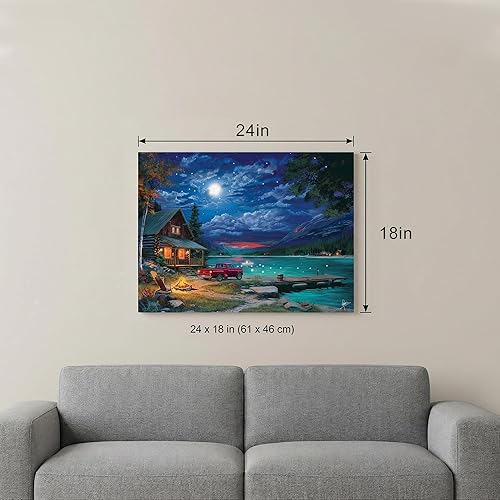 Miniatura 6 de Arte de pared LED de escena nocturna de cabaña de lago, 24 x 18 pulgadas, impresión en lienzo iluminado con temporizador, decoración de pared de