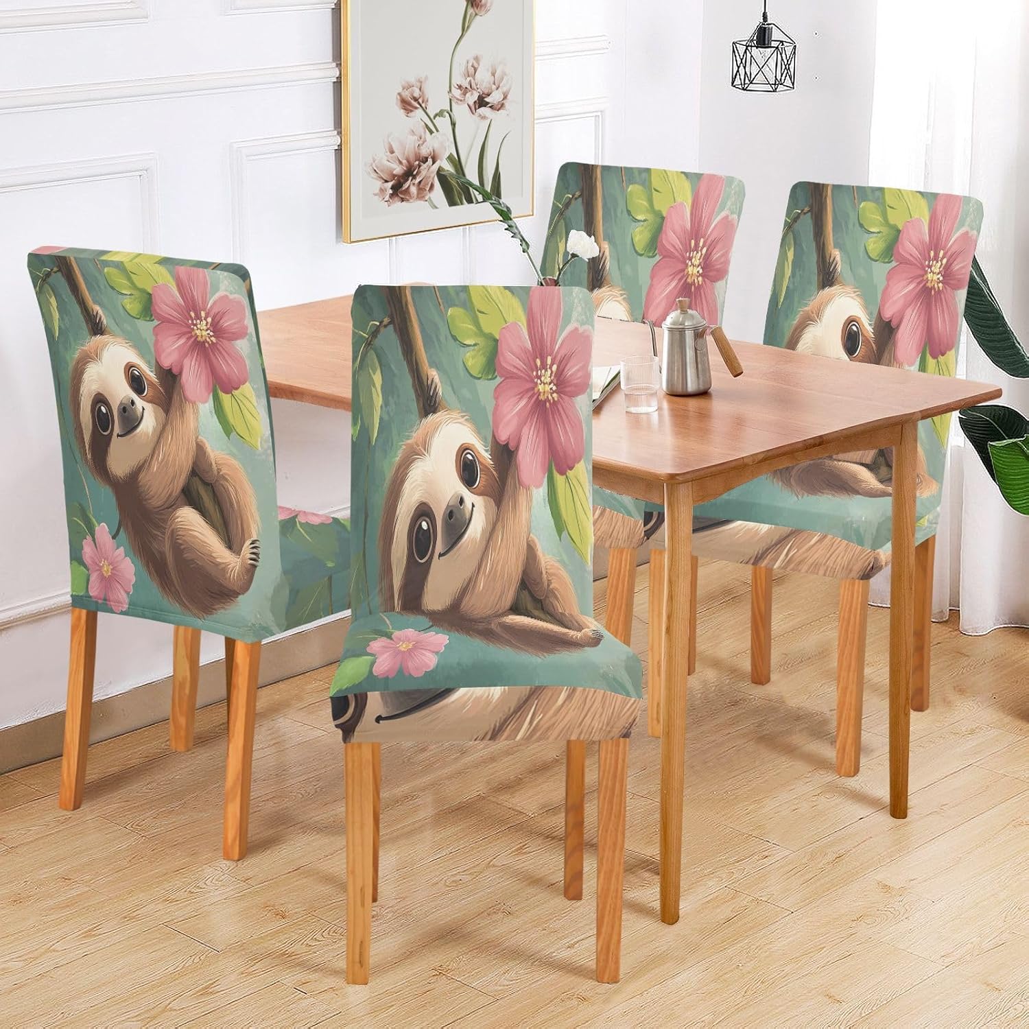 ALAZA Chair Covers for Dining Room, Cartoon Sloth with Flower Tree Stretch Chair Cover Sets Chair Protector Removable Washable for Ktichen Restaurant Hotel