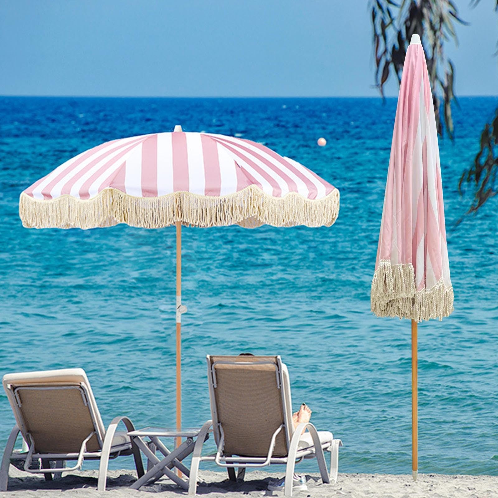 Sombrilla De Playa Grande Antiviento 2m Rosa Sombrillas Terraza Parasol De Jardín Anti UV Parasol Terraza De Jardín Sombrilla Jardin Exterior Con Borlas Para Piscina Balcón Y Césped