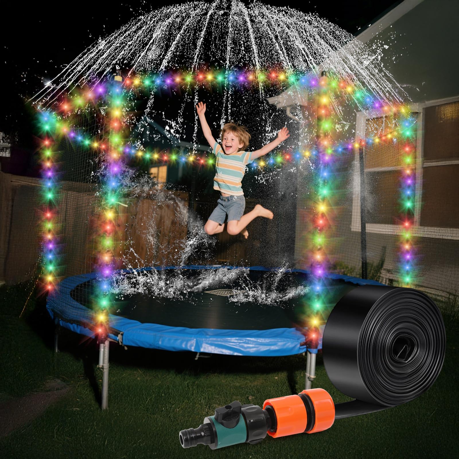 Trampoline Sprinkler with Lights - Trampoline Lights & Water Sprinkler, 16 Colors, Remote Control, Waterproof Trampoline Accessories, Non-Damaging Design, Fits 8-12FT