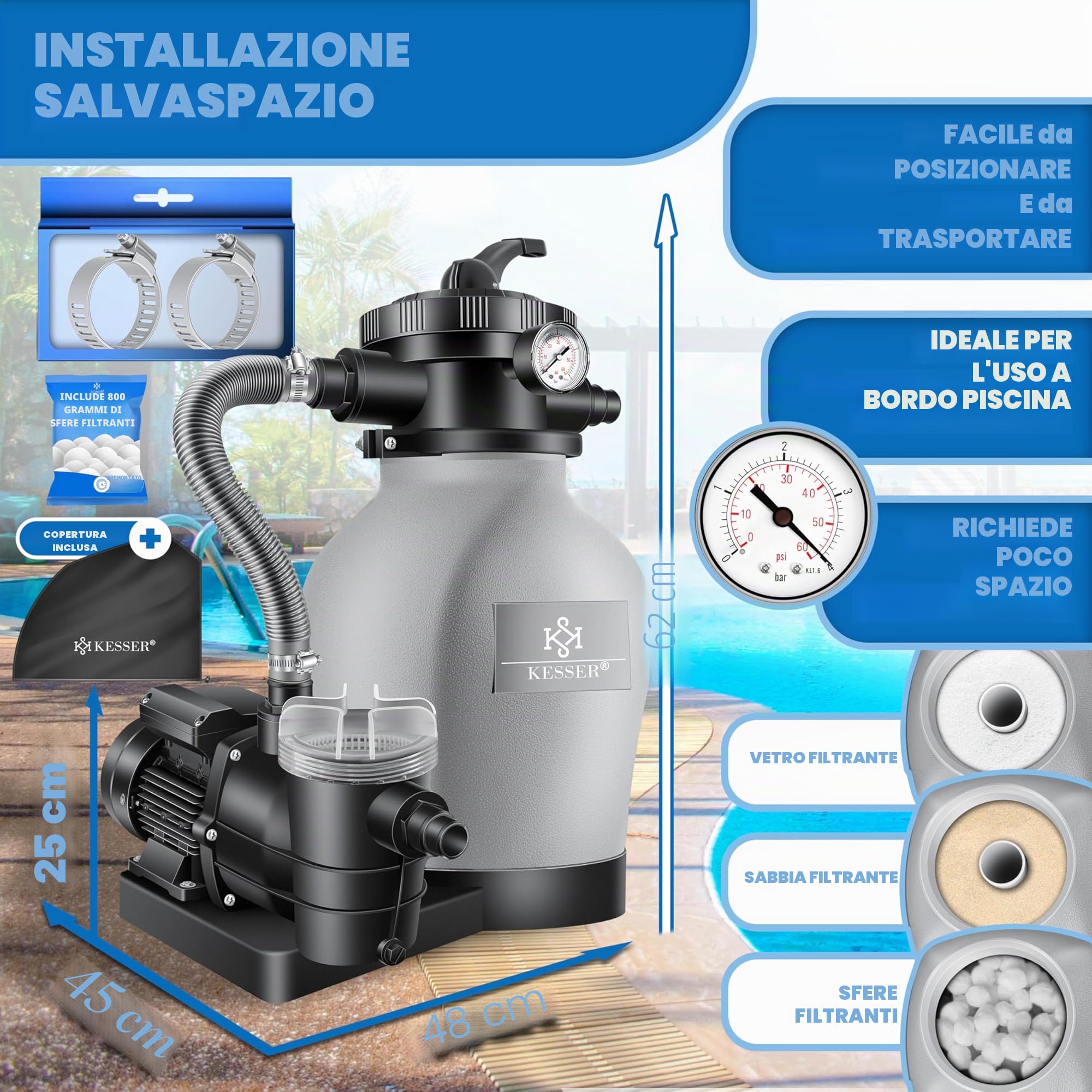 KESSER® Impianto di Filtraggio a Sabbia + 700g Palline Filtranti Per 25 kg Sabbia, Valvola a 7 Vie con Indicatore di Pressione, Filtro Piscina 10 m³/h Per Caldaia