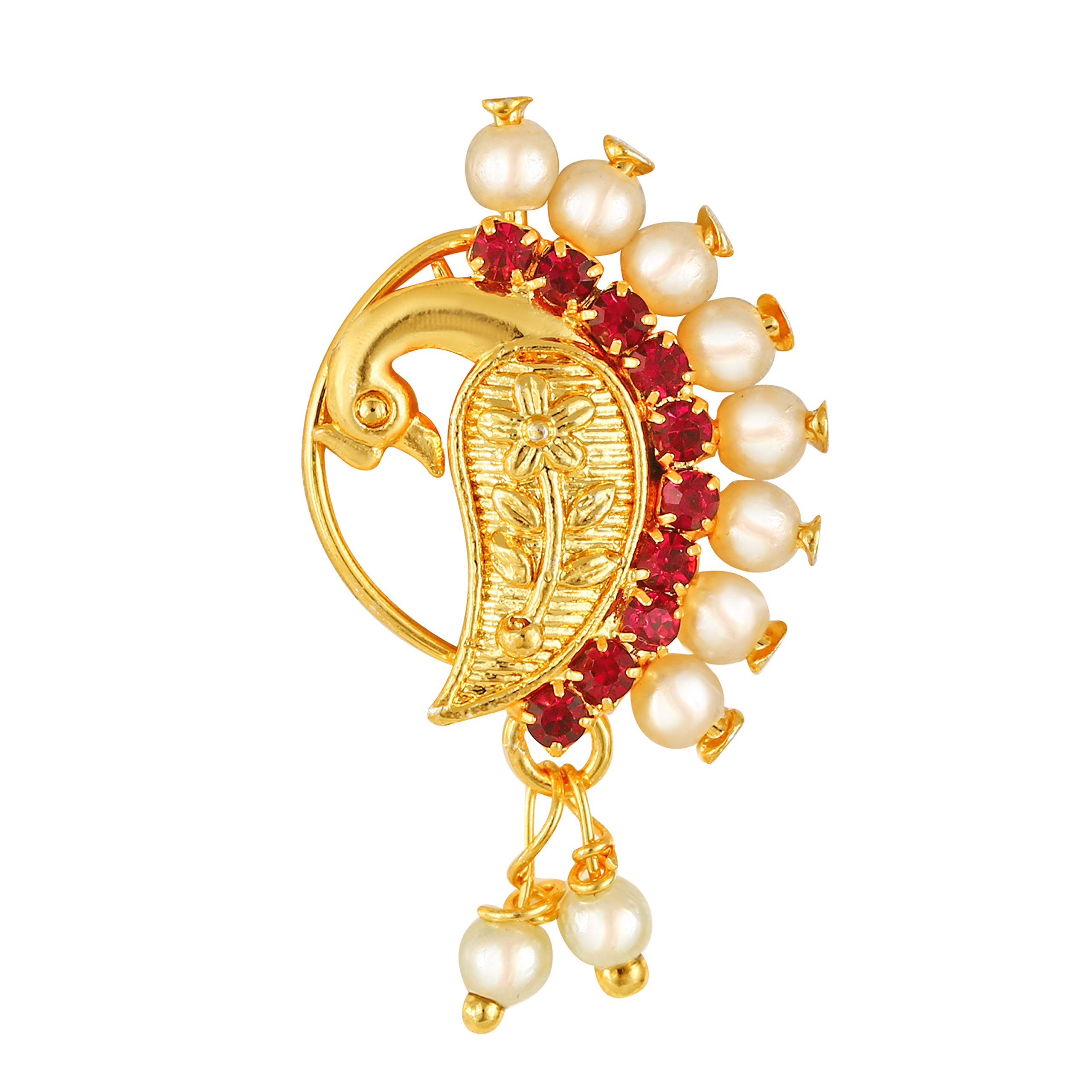 Vighnaharta Gold Plated Red Stone with Peals Alloy Maharashtrian Nath Nathiya./ Nose Pin valentine day gift valentineday gift for her gift for him gift for women gift for women VFJ1006NTH-Press