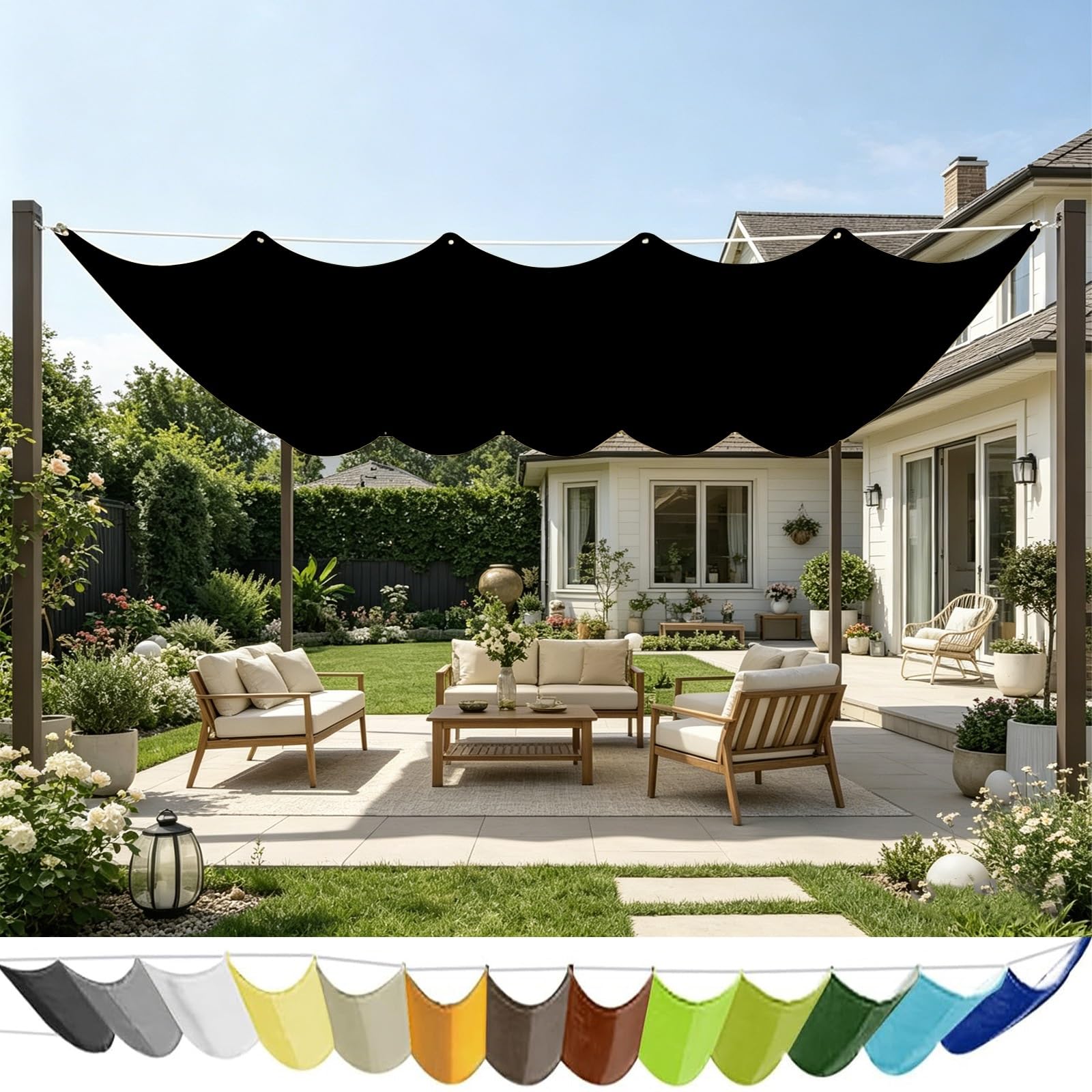 Voile d'ombrage rétractable noir pour jardin et camping, toile polyester imperméable