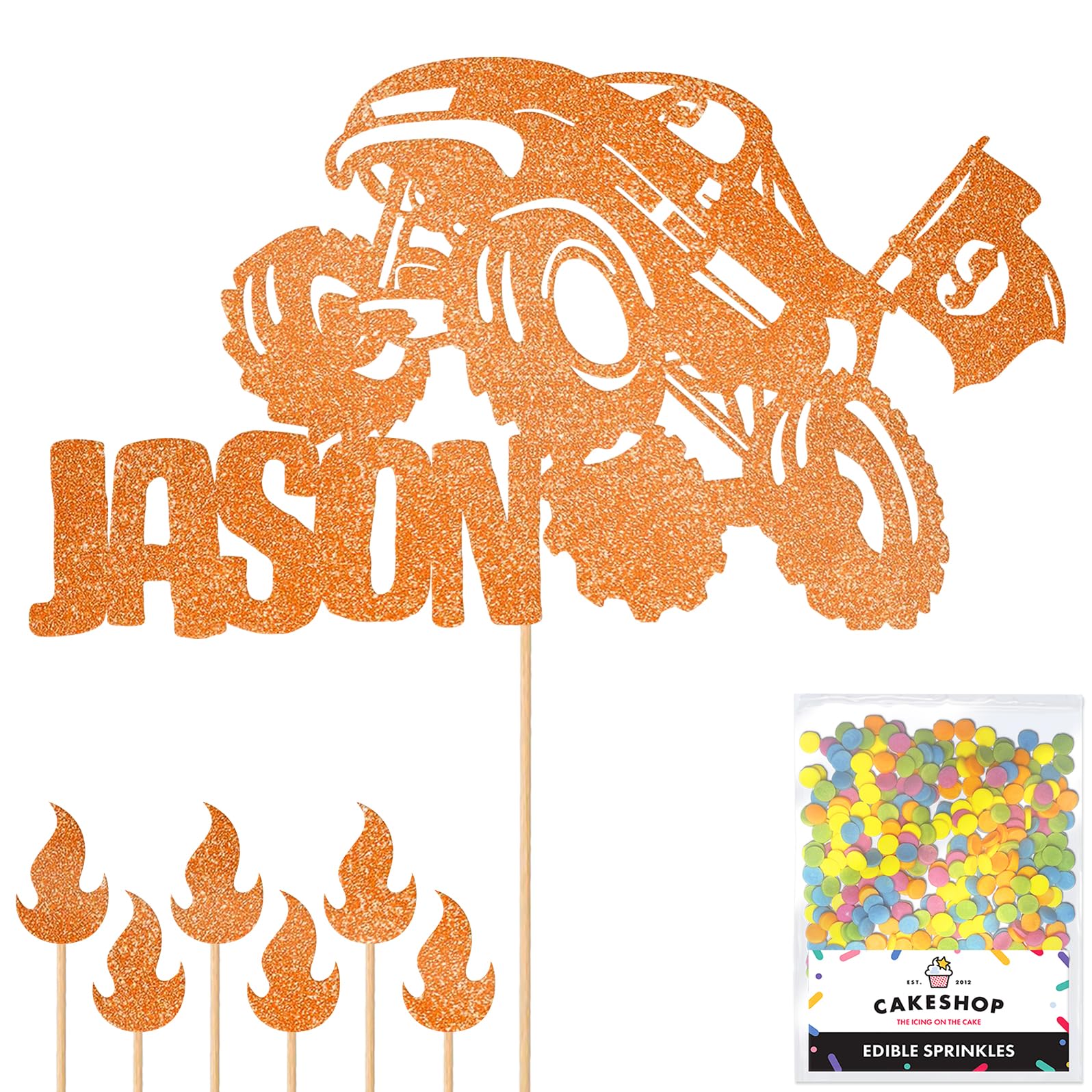 Personalised Off-Road Monster Truck 4x4 Glitter Topper- Orange Custom Name Hot Wheels Glitter Cake Decoration and Sprinkles - Happy Birthday Decorations - Personalised Toppers for Cakes by Cakeshop