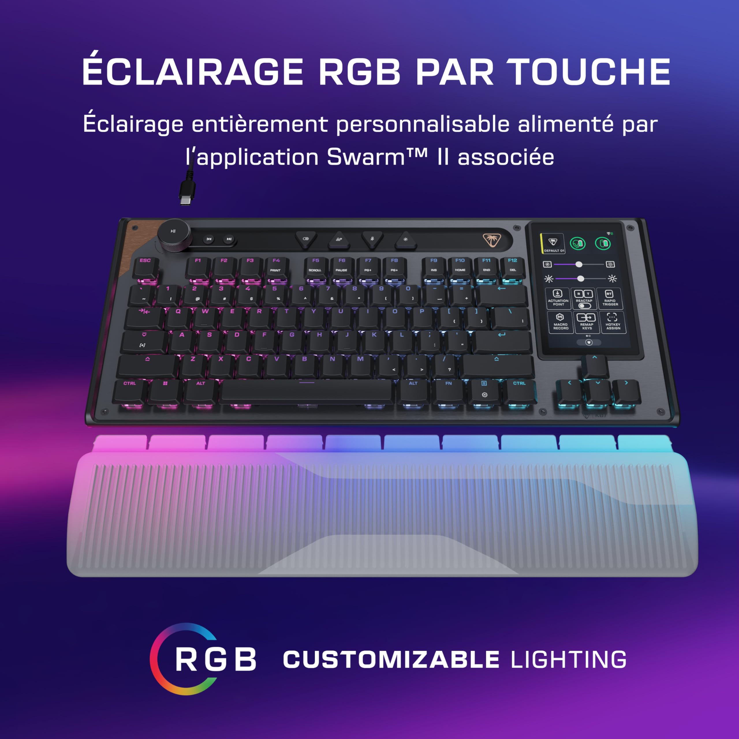 Turtle Beach Command Series KB7 TKL Clavier Gaming Filaire avec écran Tactile Display 4,3", Touches Titan discrètes à Effet, Capuchons de Touches PBT Double Frappe et Rails modulaires - (FR AZERTY)