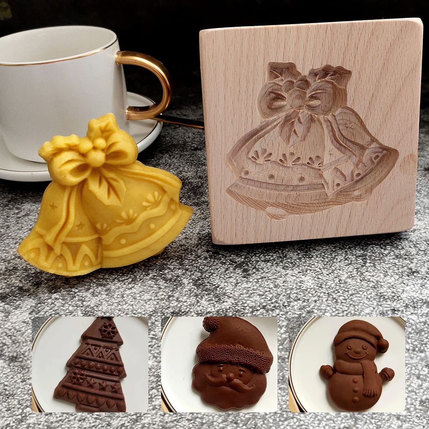 Moule à biscuits en bois，Carved Cookie Press Stamp Emporte-pièces à biscuits, emporte-pièces de Noël, ensemble d'hiver, moules à biscuits en bois(E)