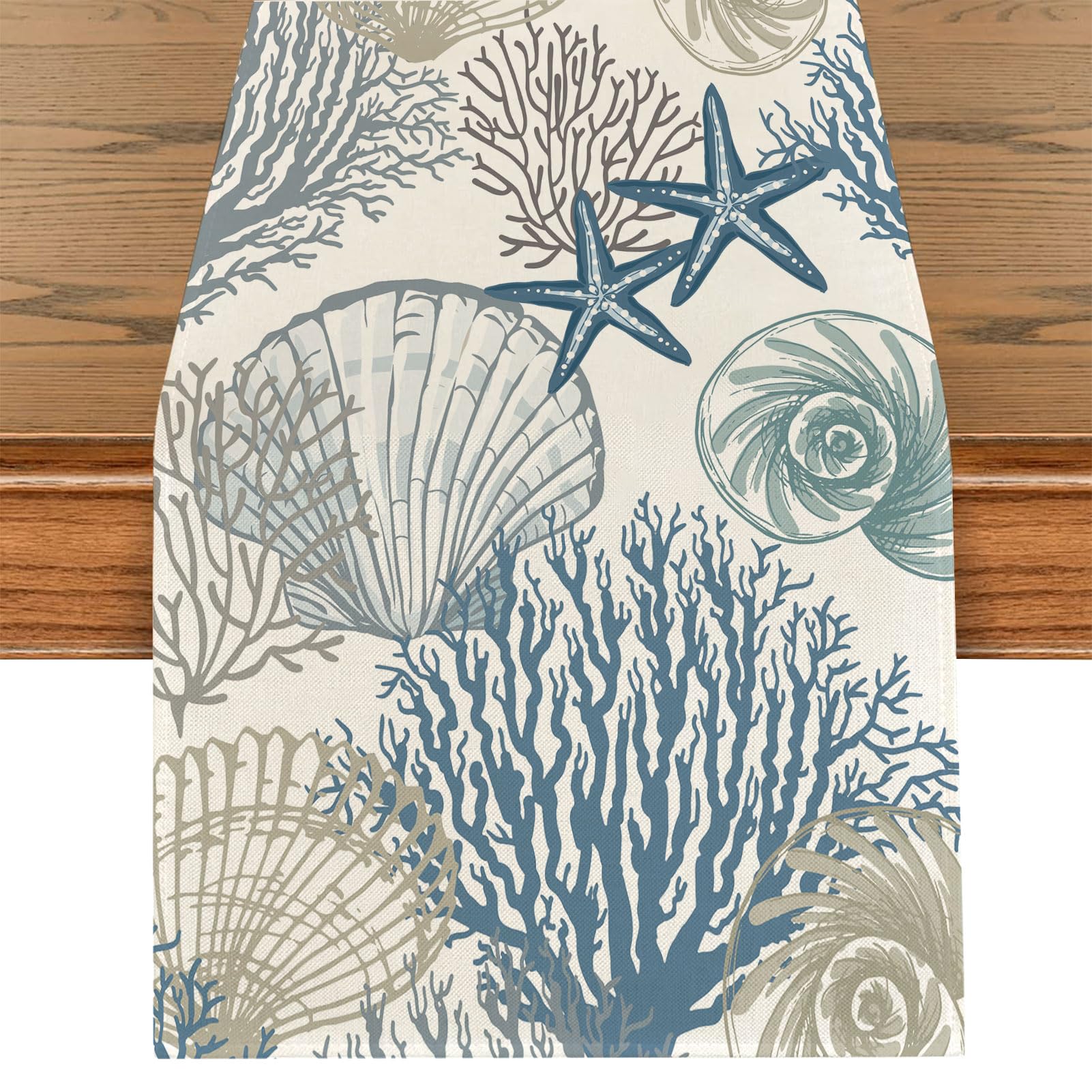 Tarklanda Camino de Mesa Verano Oéanos Azul Camino de Mesa en Lino con Estrellas de Mar, Conchas, Coral para Casa Cocina Cena Boda Fiesta Decoracion de Mesa 40x140 cm