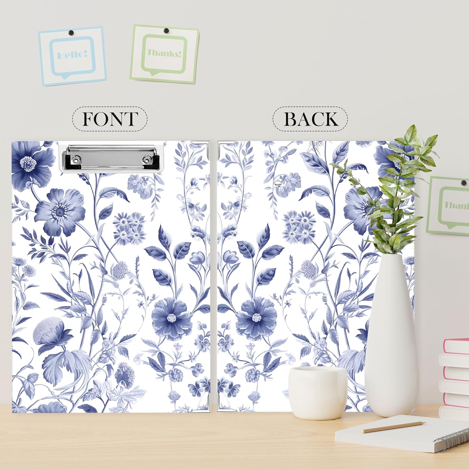 Chinoiserie Blue Floral Clipboard with Storage for Office Desk, Vintage Blue and White Flowers Padfolio with Clipboard for Nurses Teachers Students Supplies, 12.6 x 9.3 in image 5