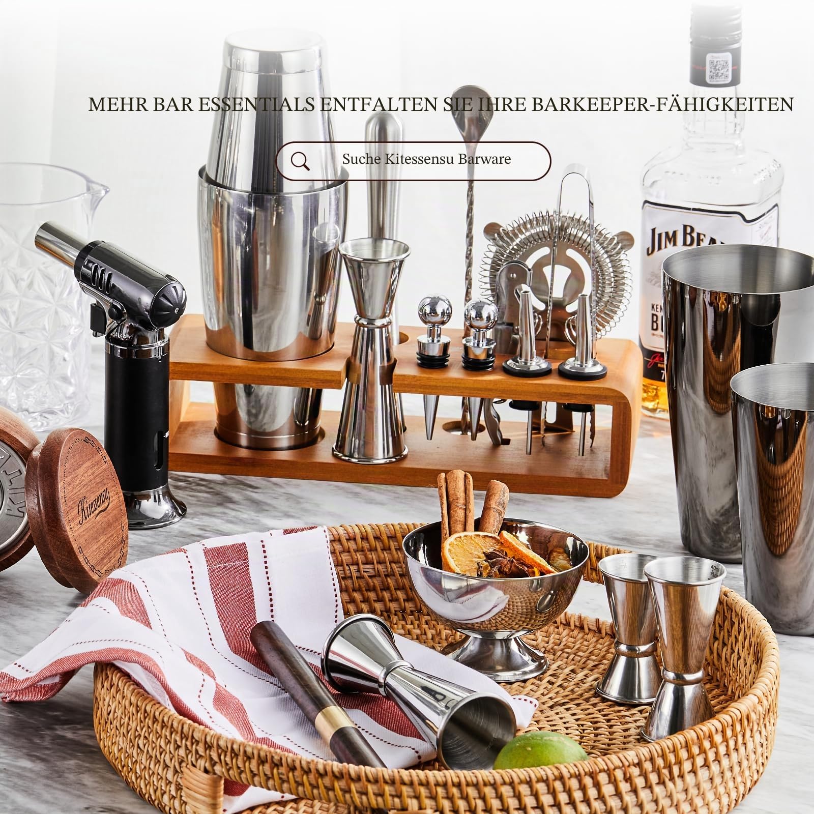 KITESSENSU Cocktail Shaker Set Barkeeper-Set mit Ständer – 18/8 Edelstahl Cocktailshaker, inklusive Martini Shaker, Jigger, Sieb, Mixlöffel, Stößel, Schnapsgießer, Bambus-Ständer – Silber