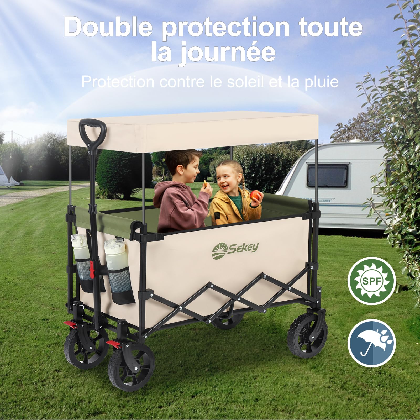Sekey Chariot de Transport XXL Pliable pour Enfant 150 l 150 kg avec Toit Chariot à Main Pliable avec Protection solaire pour Excursion, Plage, Camping, Toit S 4018, Vert écologique