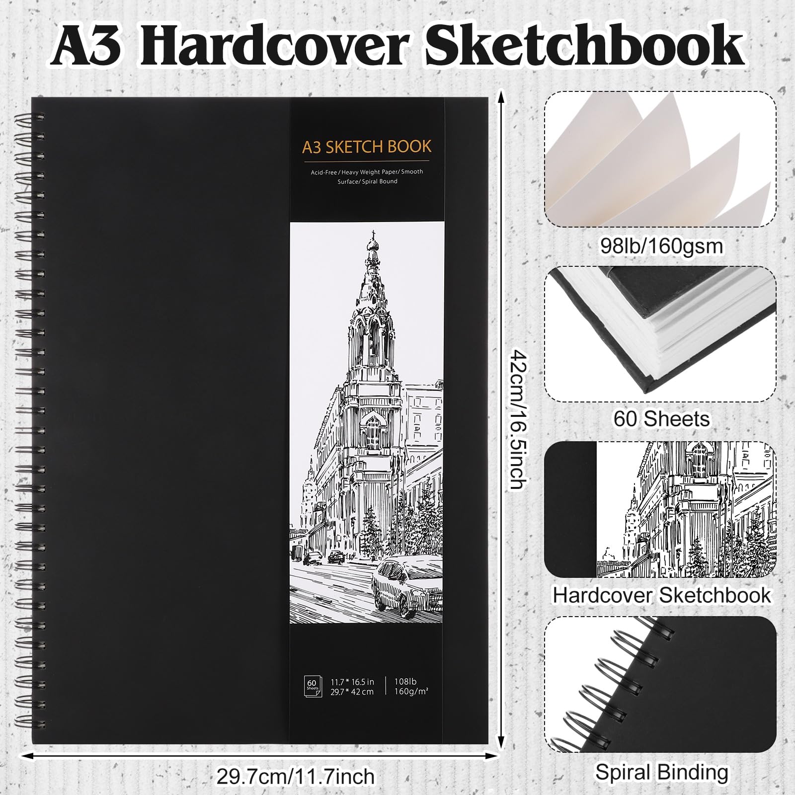 A3 Sketchbook, Spiral Hardcover Sketch Book, 160gsm Thick Paper Art Book - Image 2