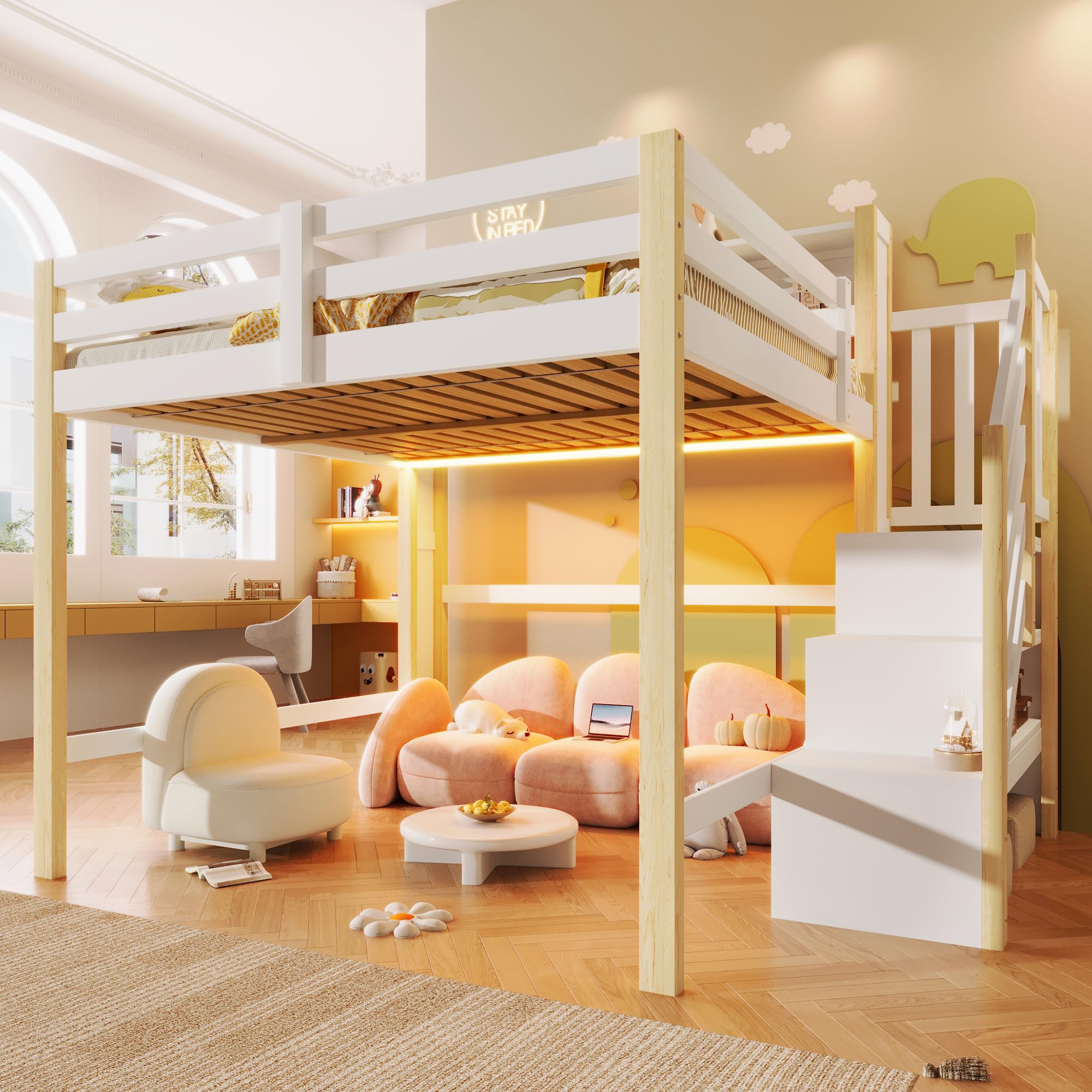 BTM Holz Hochbett 140x200 mit Stauraum und LED-Leuchten Kinderhochbett mit Rausfallschutz, Treppe Weiß+Natur